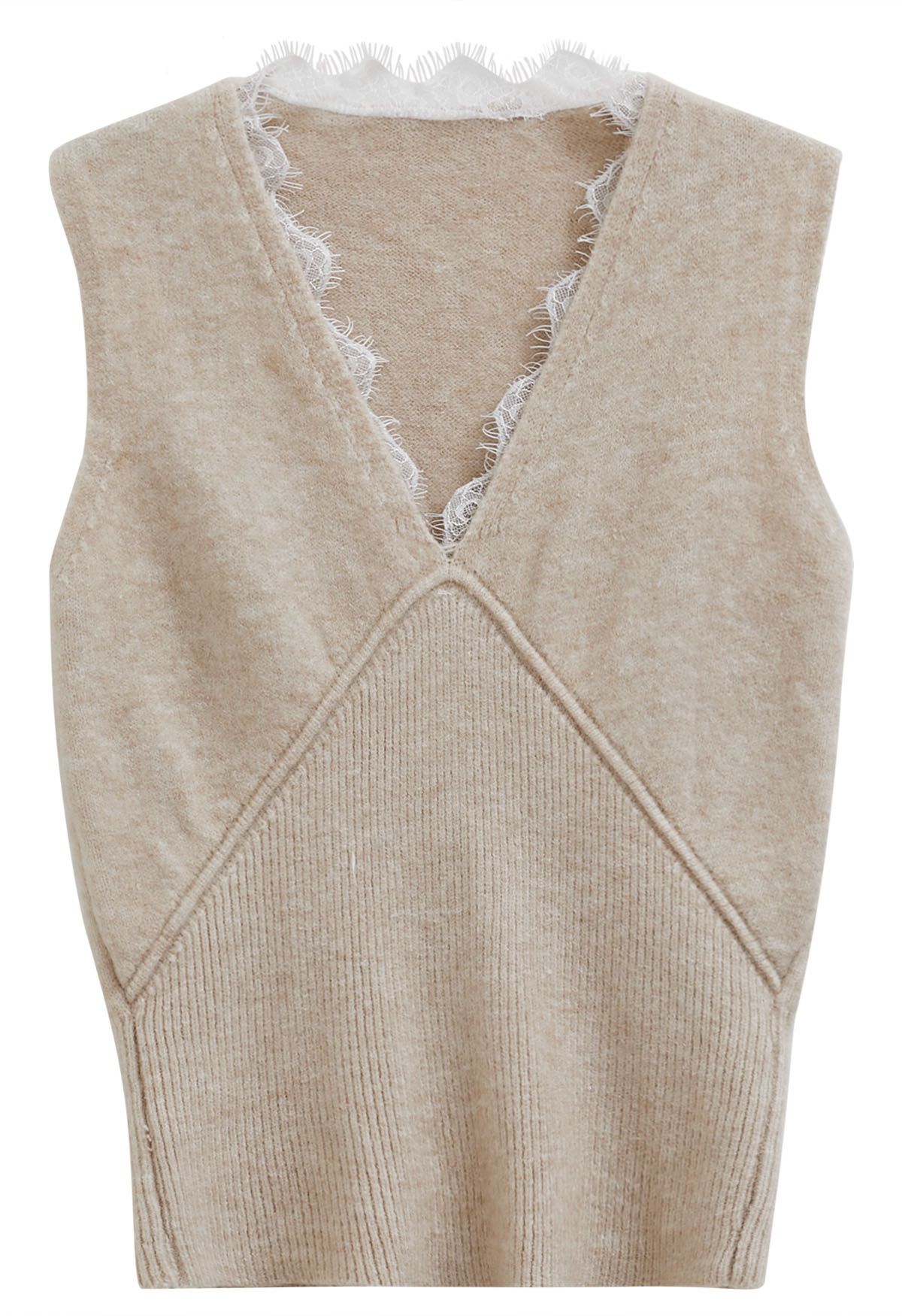 Lacy V-Neck Sleeveless Top and Cardigan Set in Oatmeal
