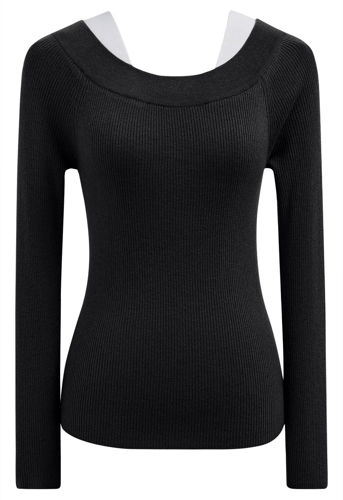 Color Blocked Neckline Knit Top in Black