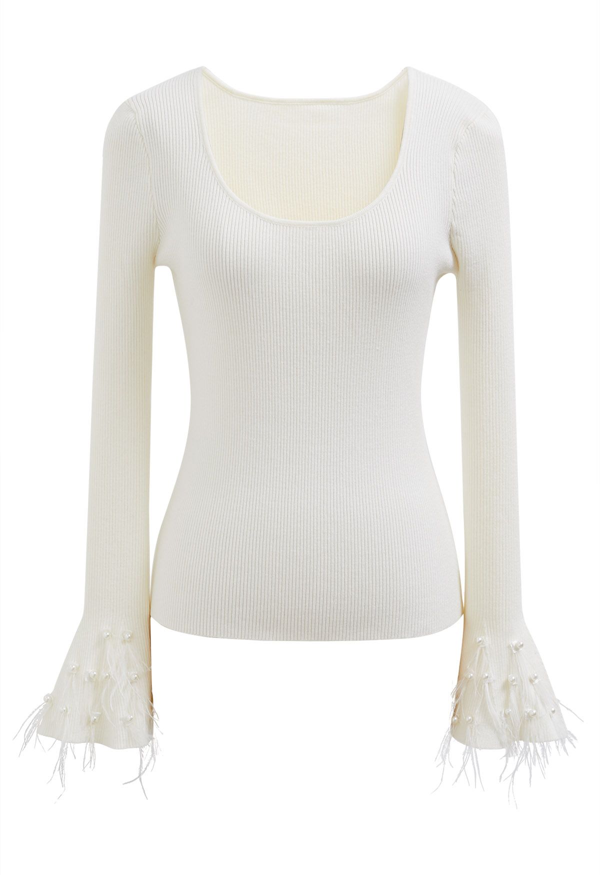 Pearly Feather Cuffs Scoop Neck Knit Top in White