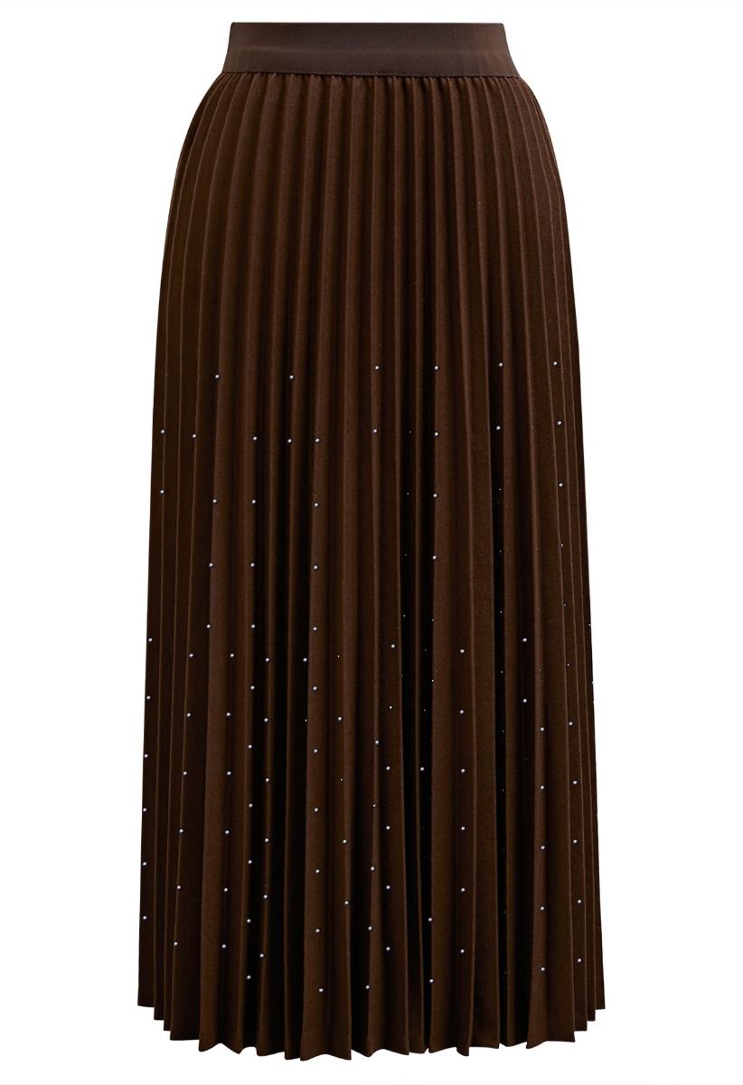 Gleaming Pleated Midi Skirt in Brown