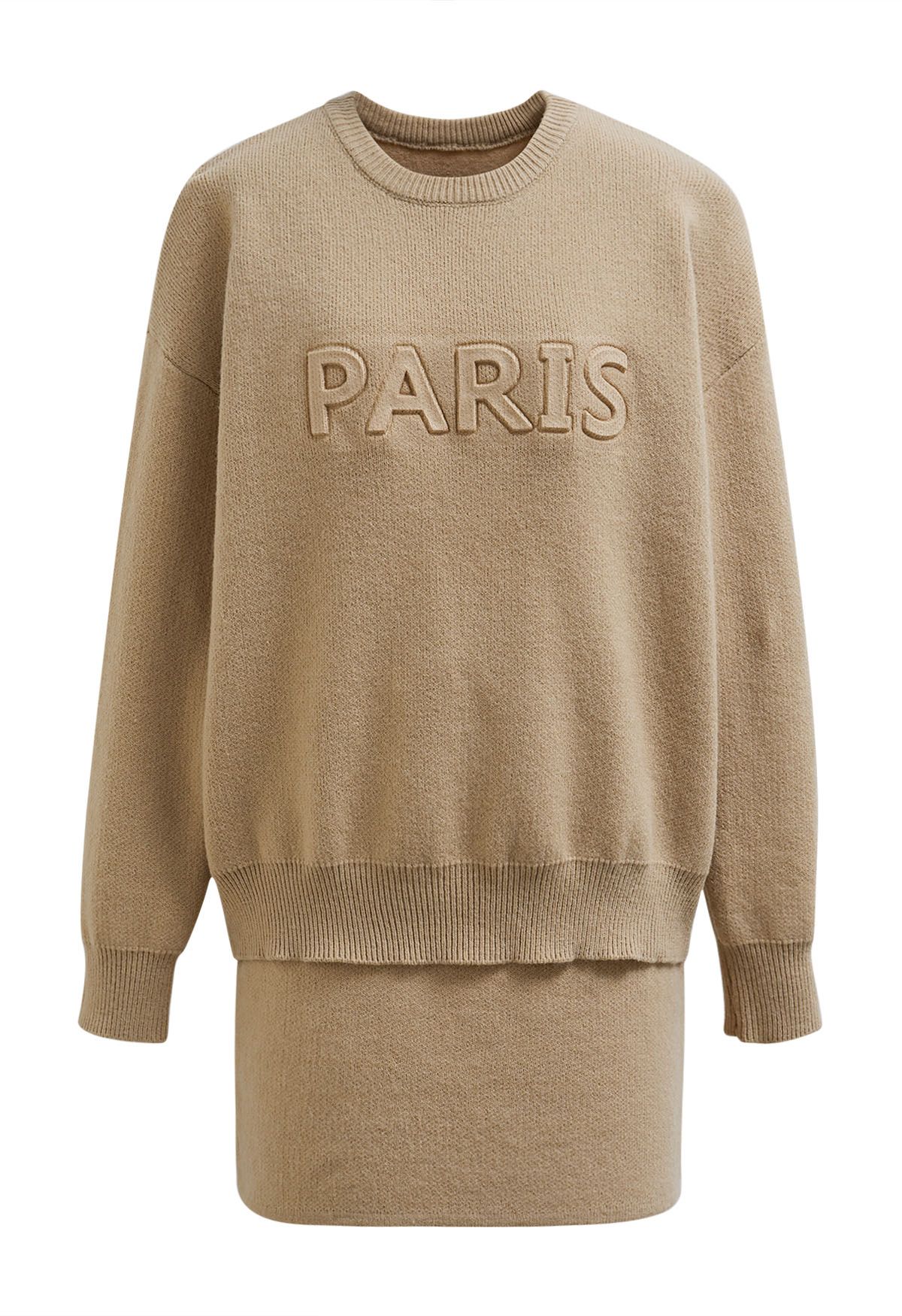 Paris Letter Knit Sweater and Skirt Set in Camel