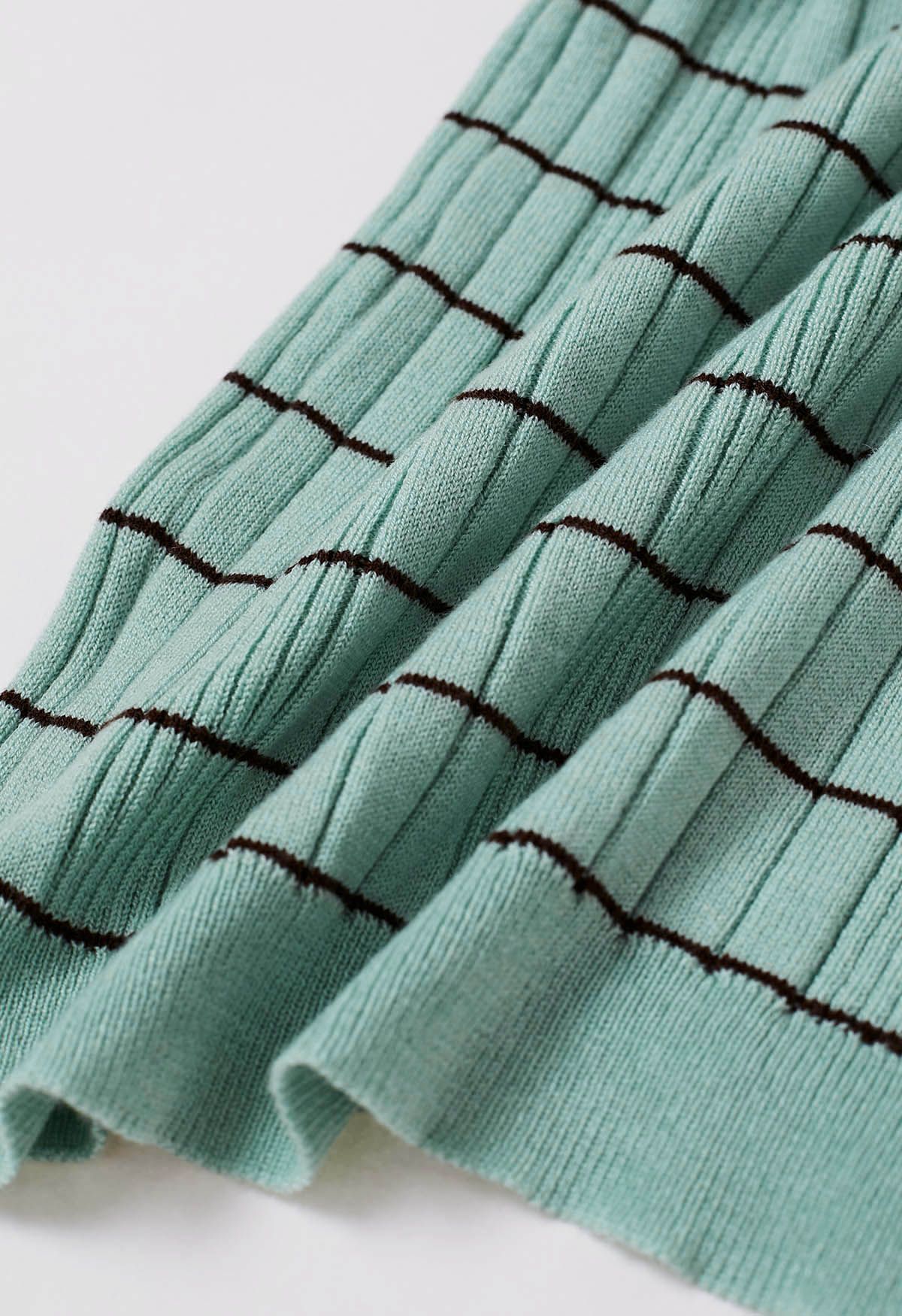 Turn-Down Collar Striped Knit Cardigan in Green