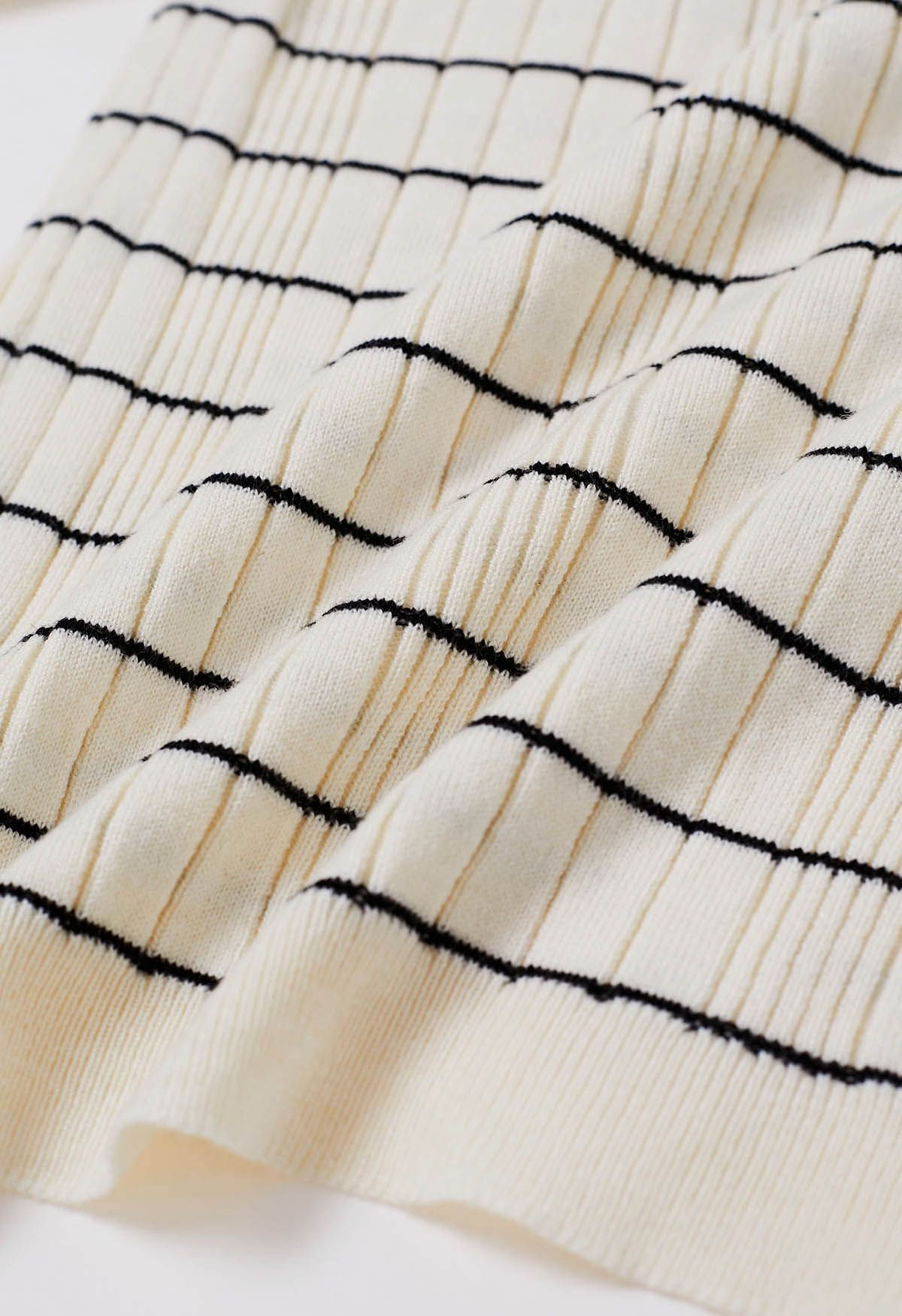 Turn-Down Collar Striped Knit Cardigan in Cream