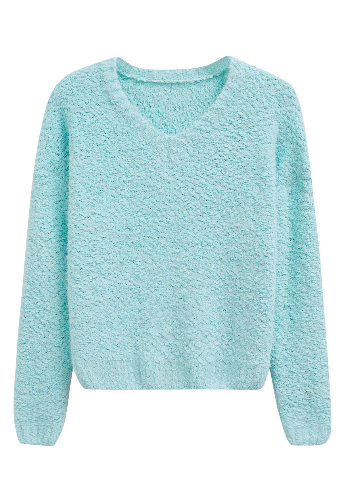 Snug V-Neck Fuzzy Knit Sweater in Mint