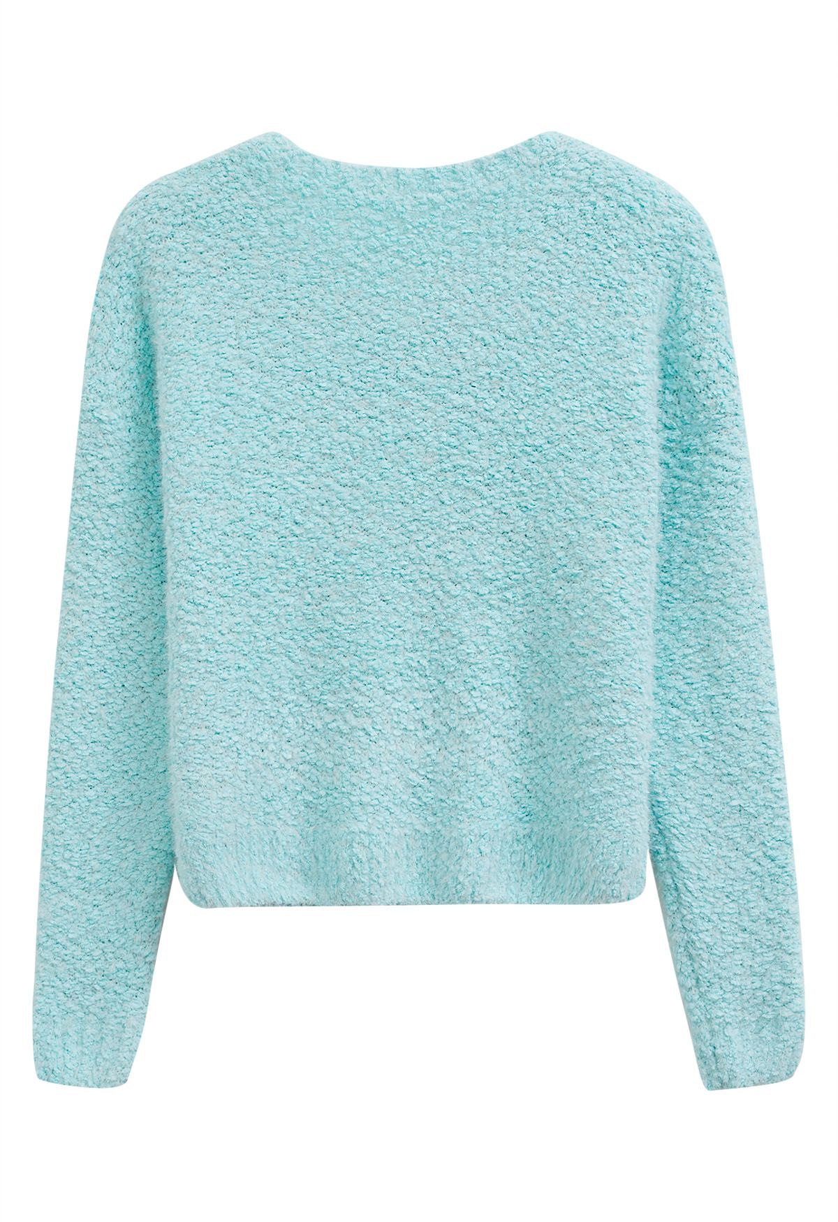 Snug V-Neck Fuzzy Knit Sweater in Mint