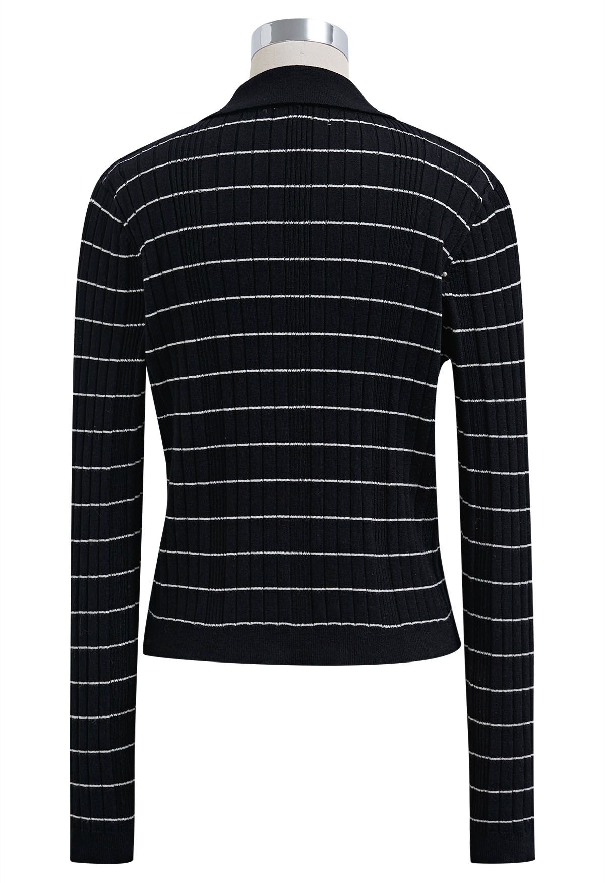 Turn-Down Collar Striped Knit Cardigan in Black
