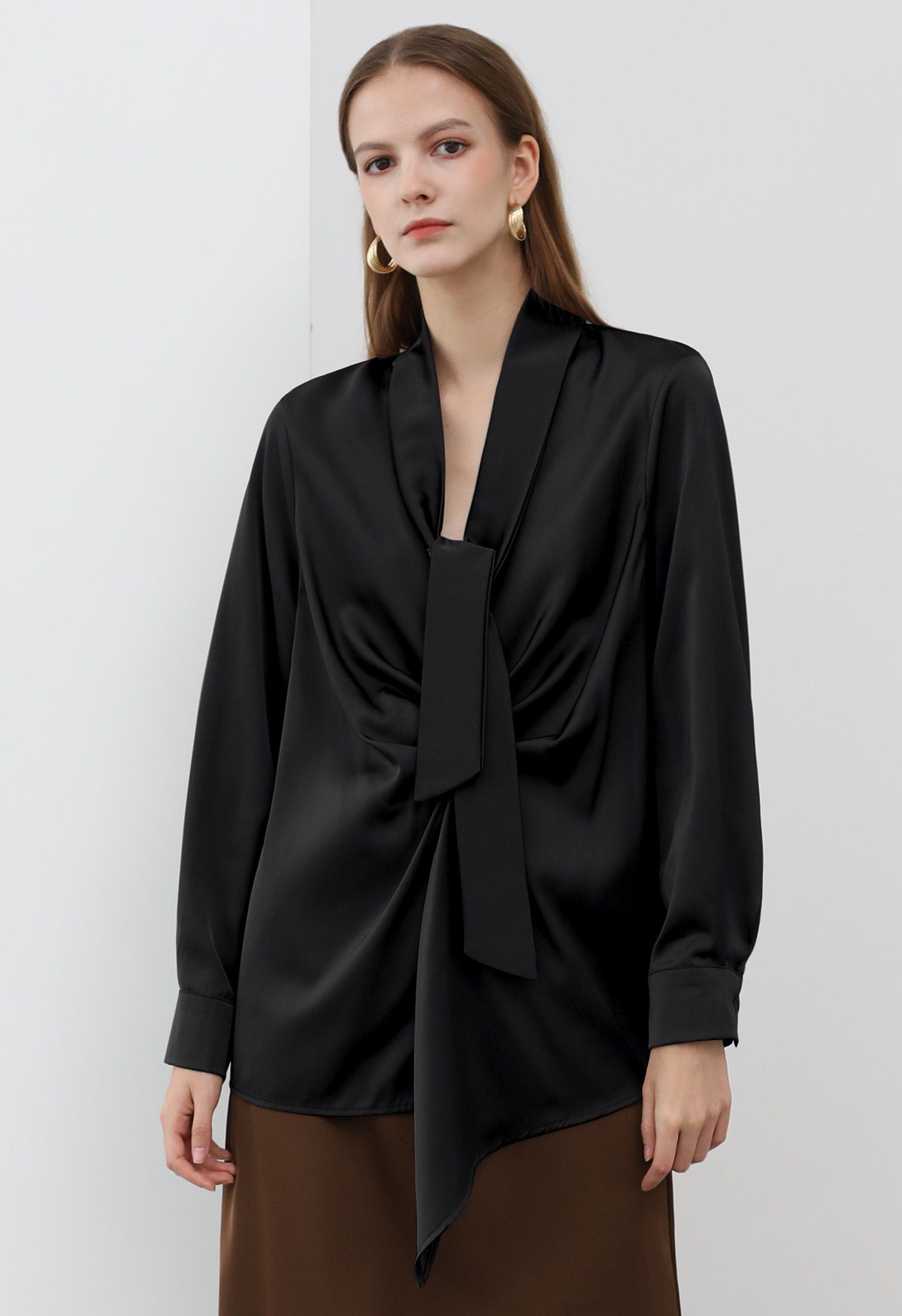 Tie Sash V-Neck Ruched Satin Top in Black