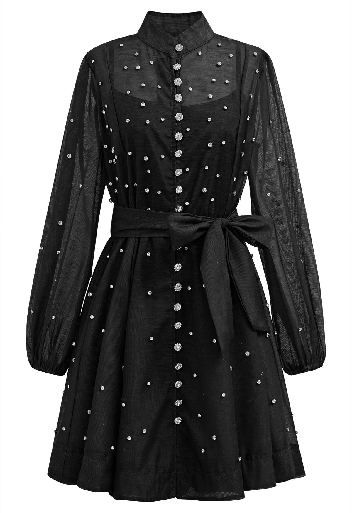 Rhinestone Decor Button Tie-Sash Organza Dress in Black