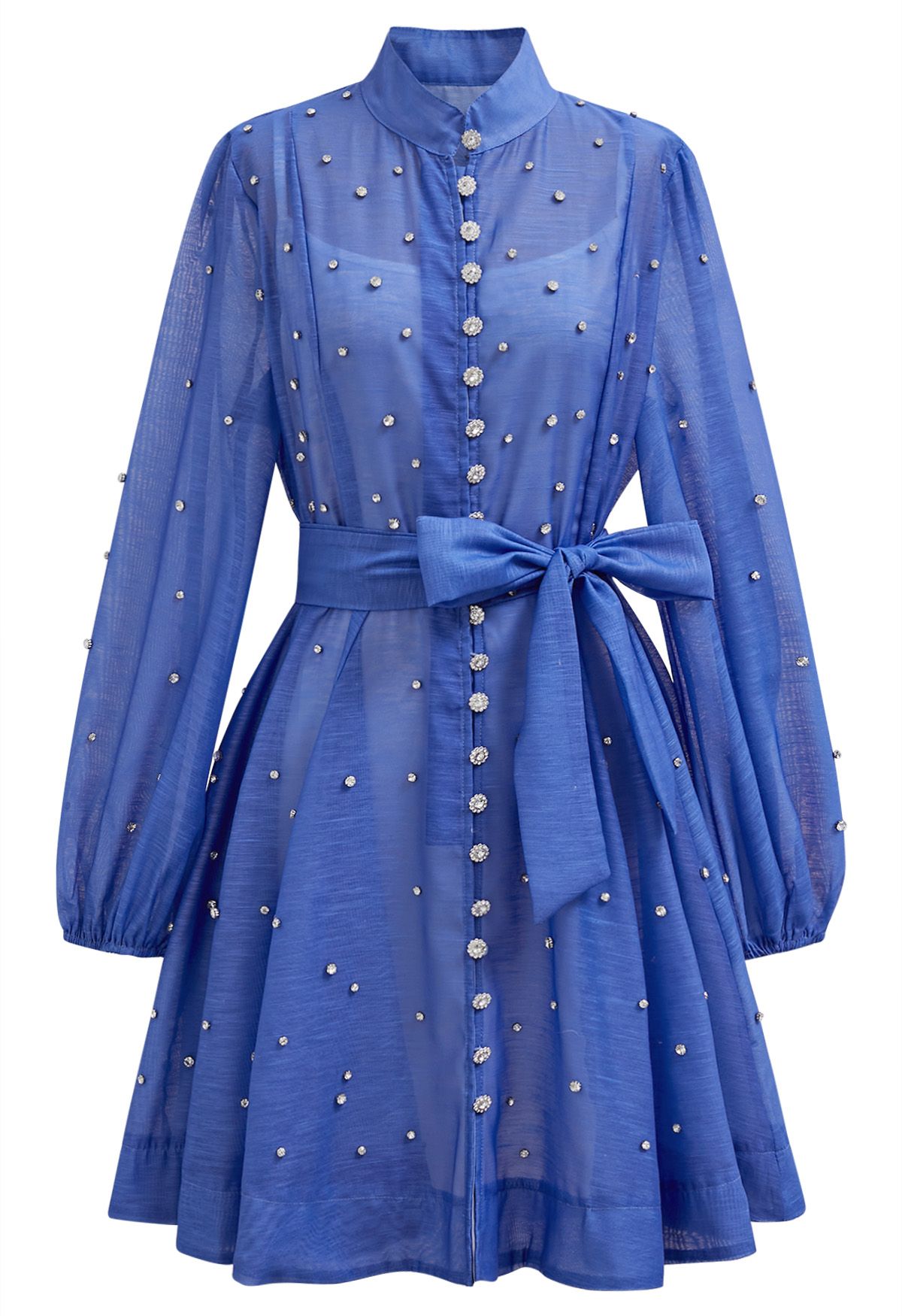 Rhinestone Decor Button Tie-Sash Organza Dress in Blue