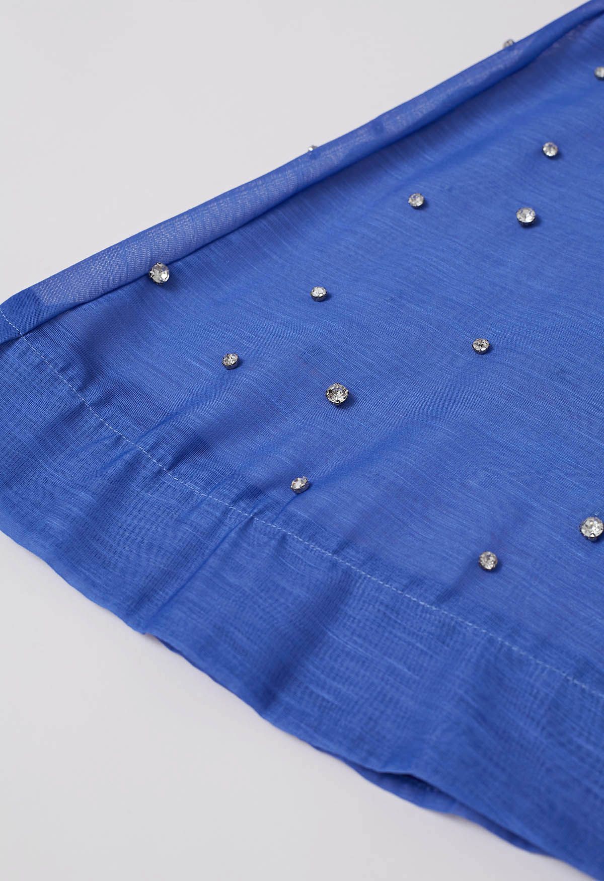 Rhinestone Decor Button Tie-Sash Organza Dress in Blue