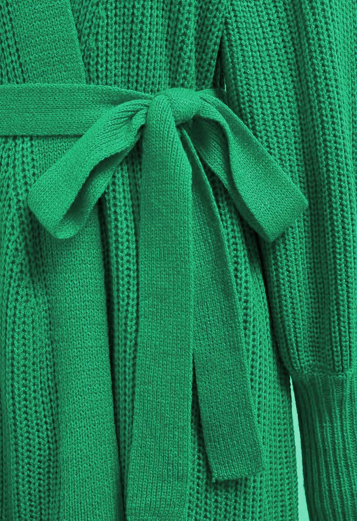 Lantern Sleeve Belted Wrap Cardigan in Green