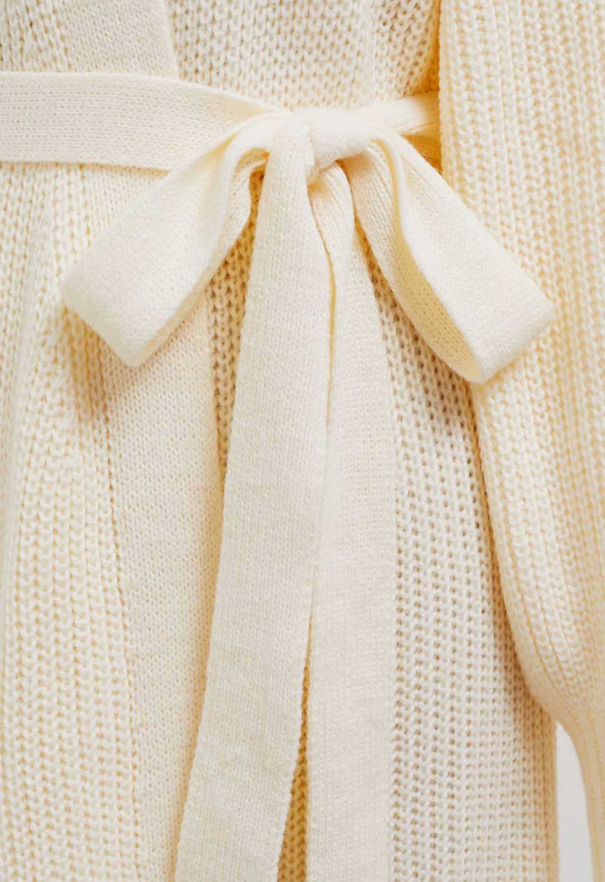 Lantern Sleeve Belted Wrap Cardigan in Cream
