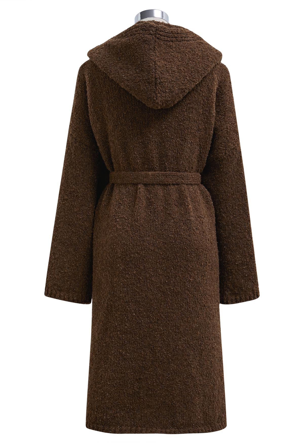 Hooded Belted Longline Knit Cardigan in Brown
