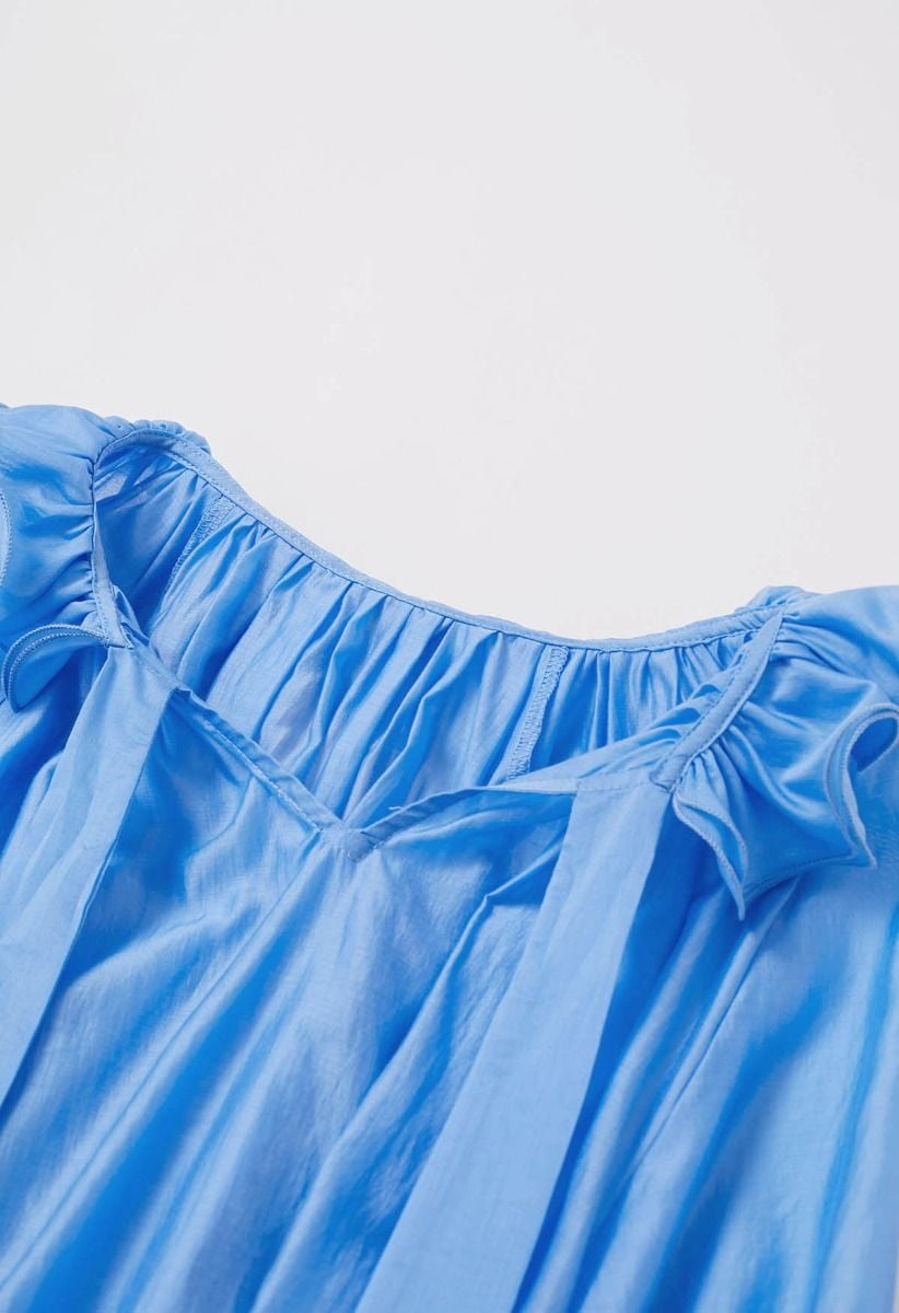 Tiered Ruffle Neckline Bowknot Lantern Sleeves Dolly Top in Blue