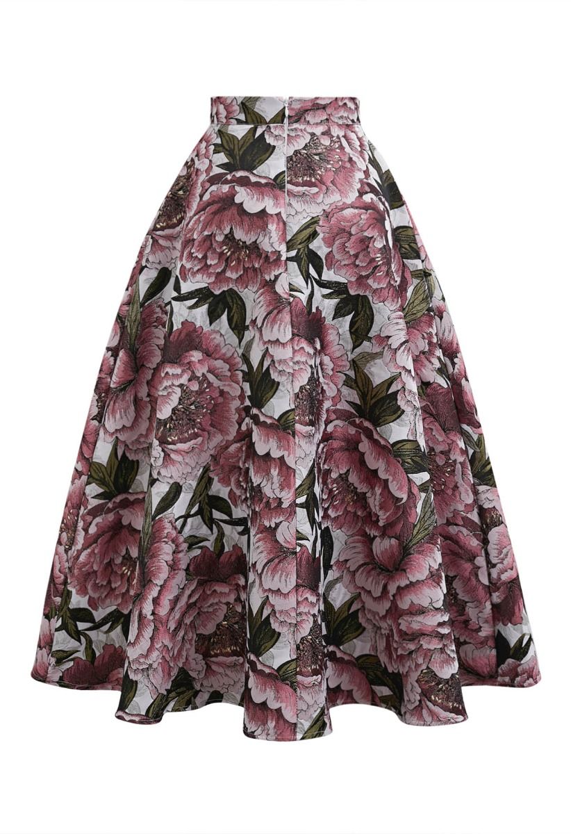 Graceful Pink Peony Jacquard A-Line Maxi Skirt