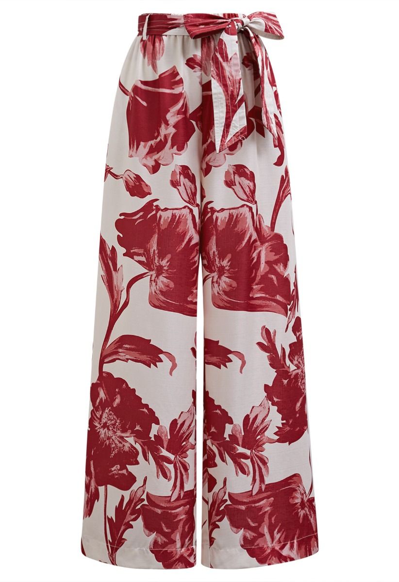 Red Bouquet Printed Wide-Leg Pants