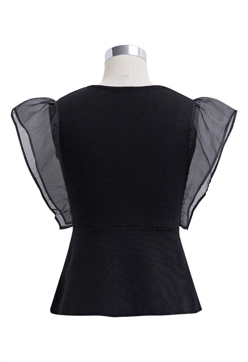 Organza Spliced Sleeveless Faux Wrap Knit Top in Black