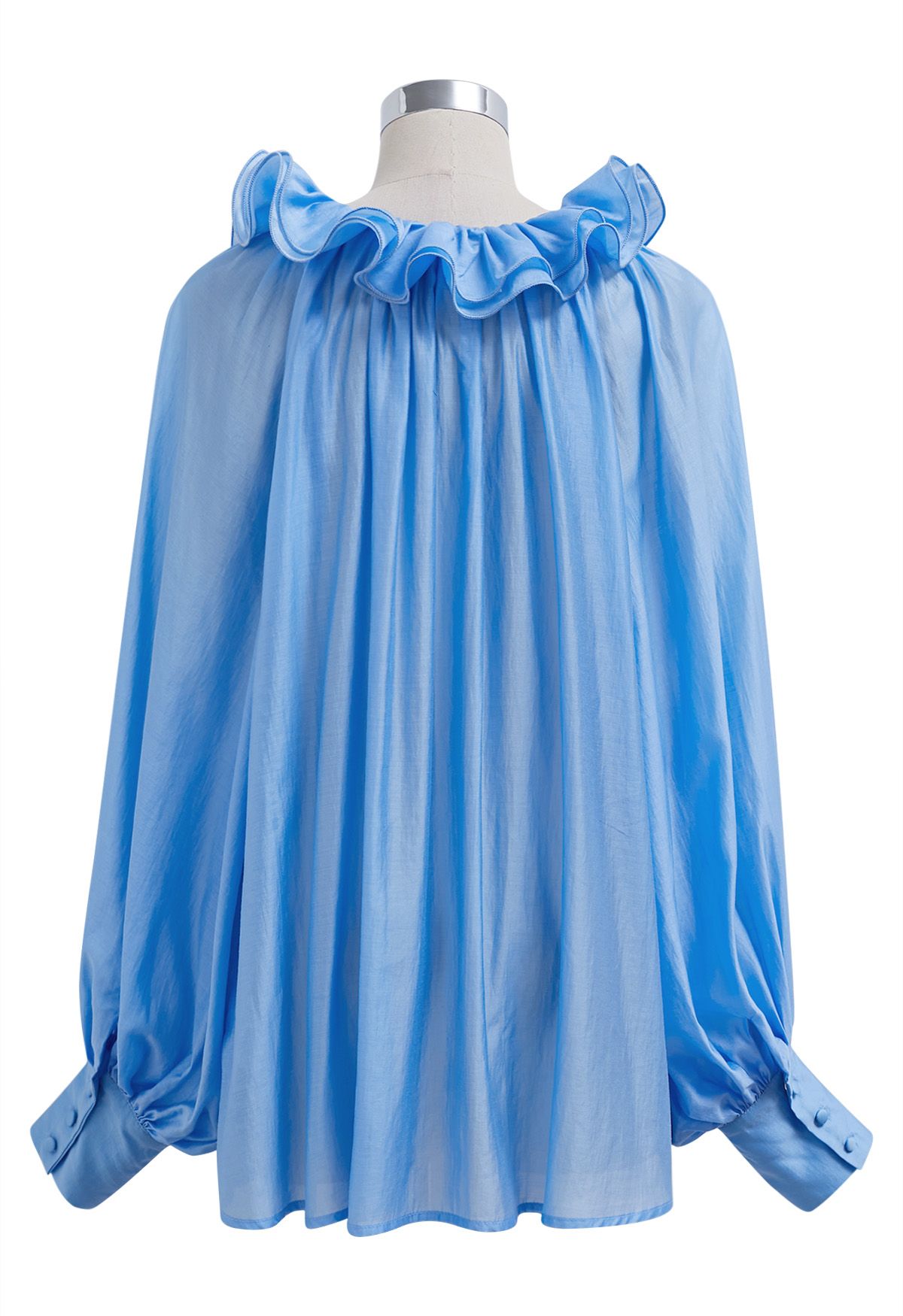 Tiered Ruffle Neckline Bowknot Lantern Sleeves Dolly Top in Blue