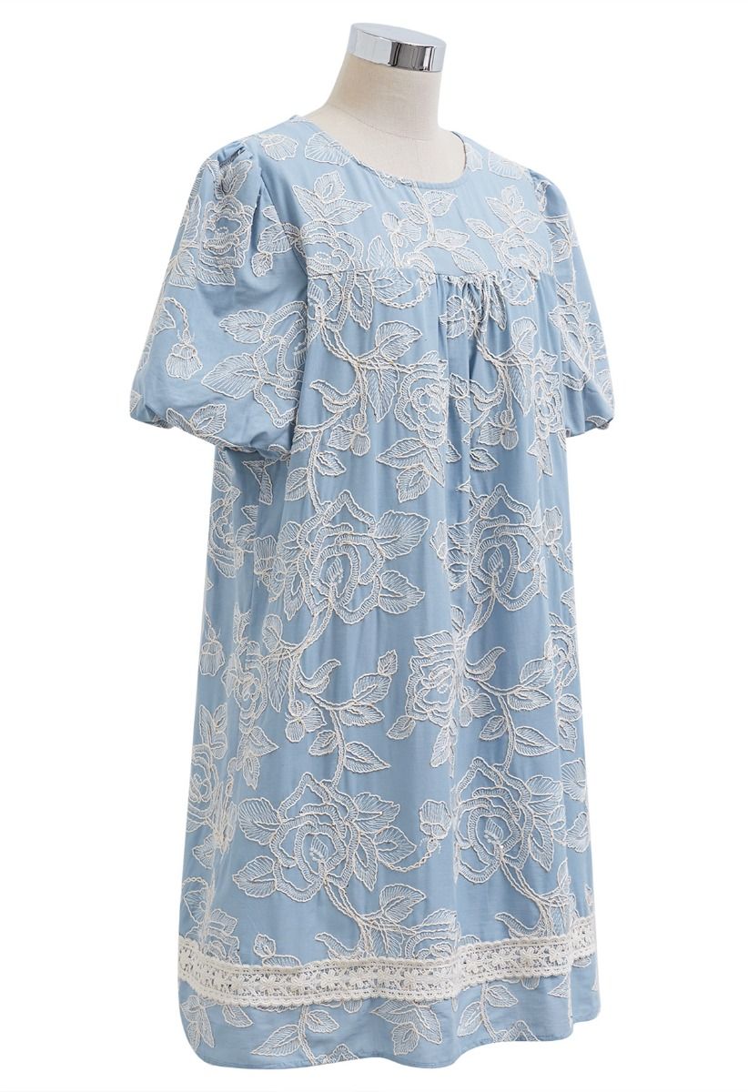 Sequins Trim Floral Embroidered Dolly Dress in Light Blue