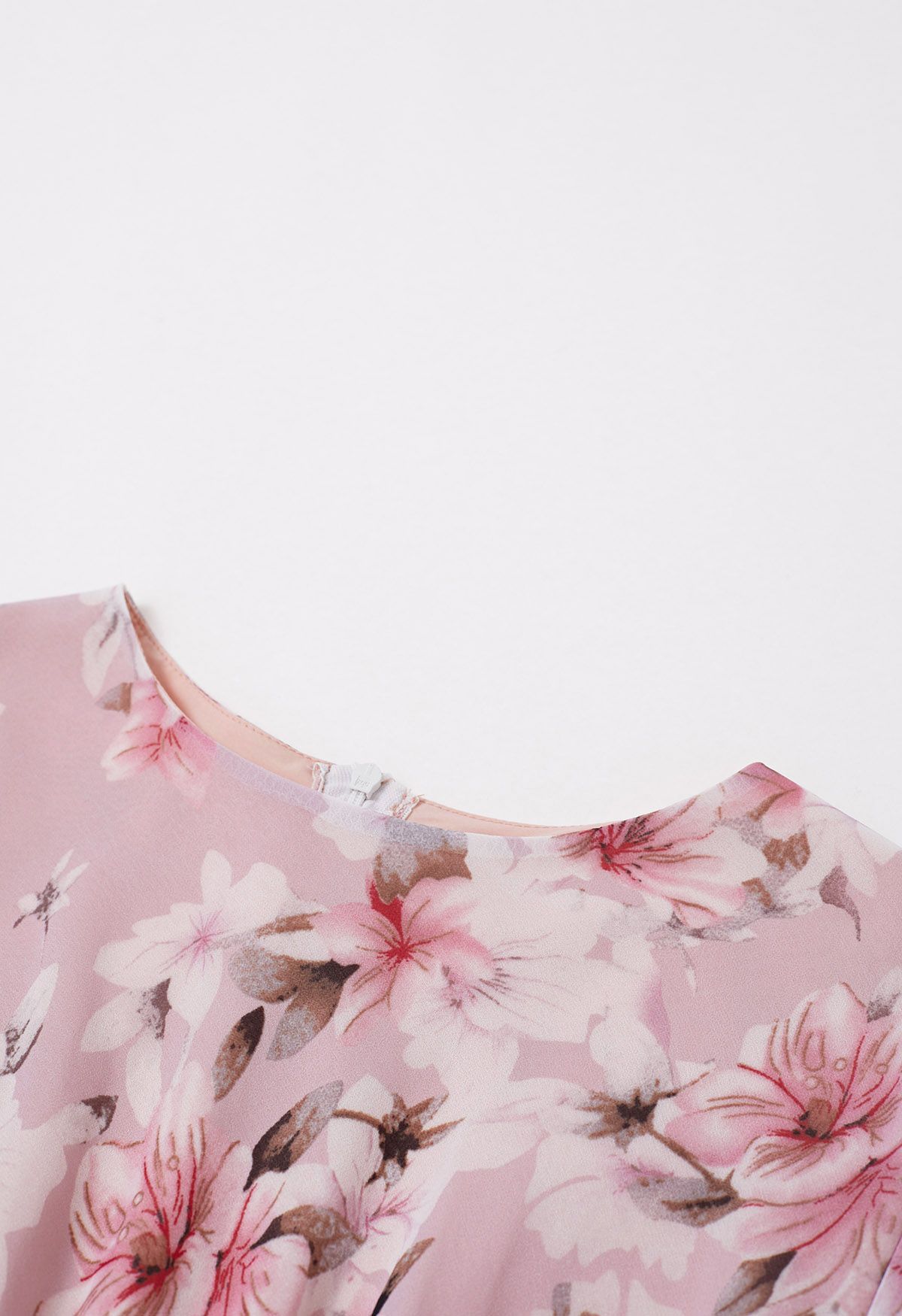 Cherry Blossom Printed Puff Sleeve Chiffon Midi Dress