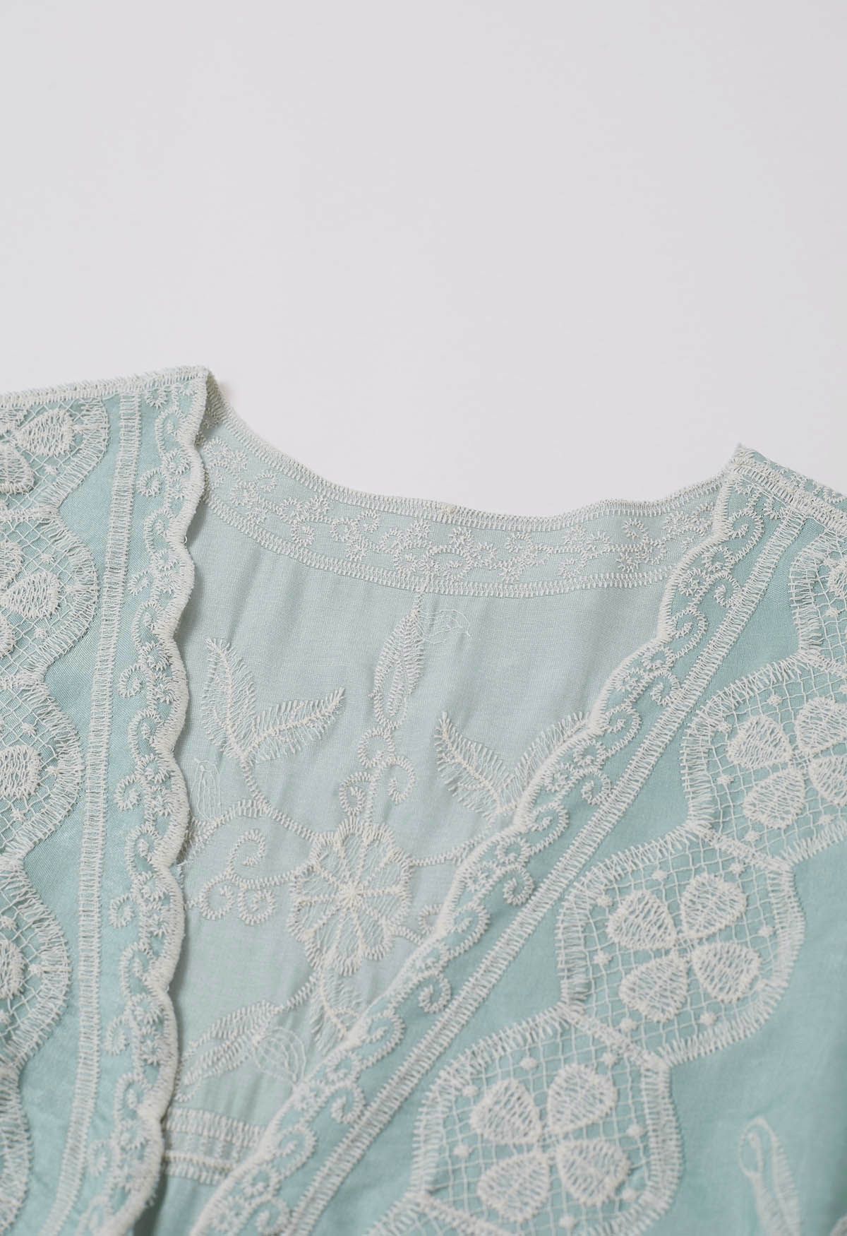 Lace Up Floral Embroidery Cotton Top in Mint