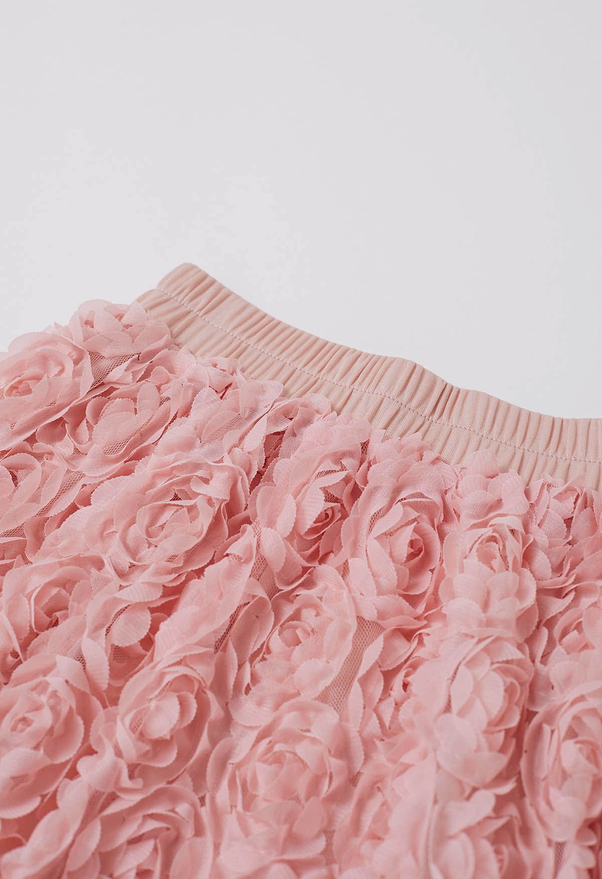 3D Rose Petal Mesh Midi Skirt in Pink