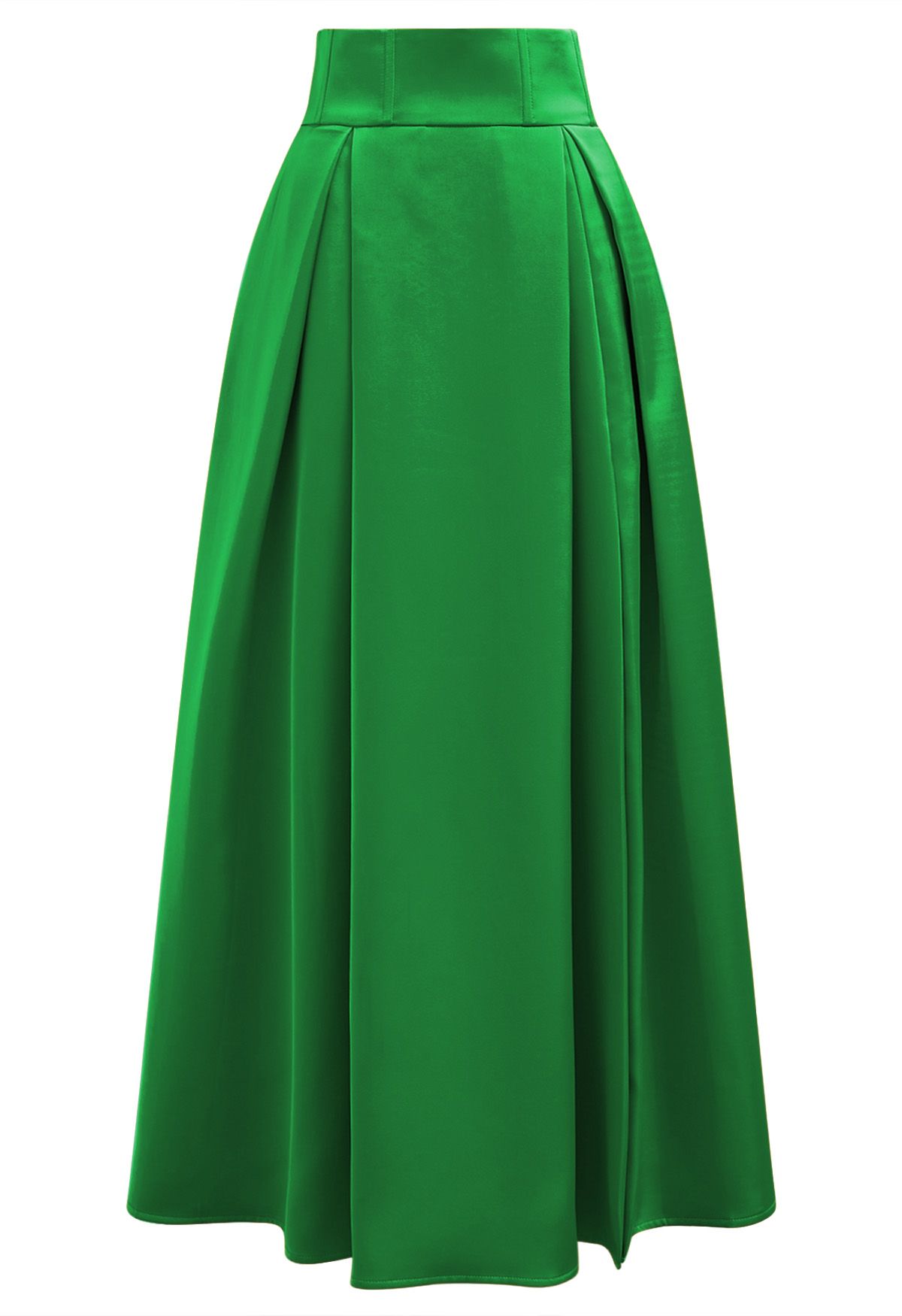 High-Slit Seamed Waist Pleated Satin Maxi Skirt in Green