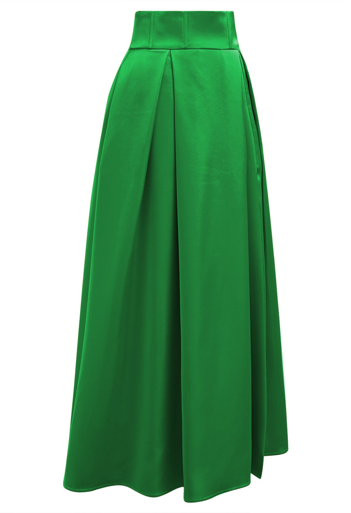 High-Slit Seamed Waist Pleated Satin Maxi Skirt in Green