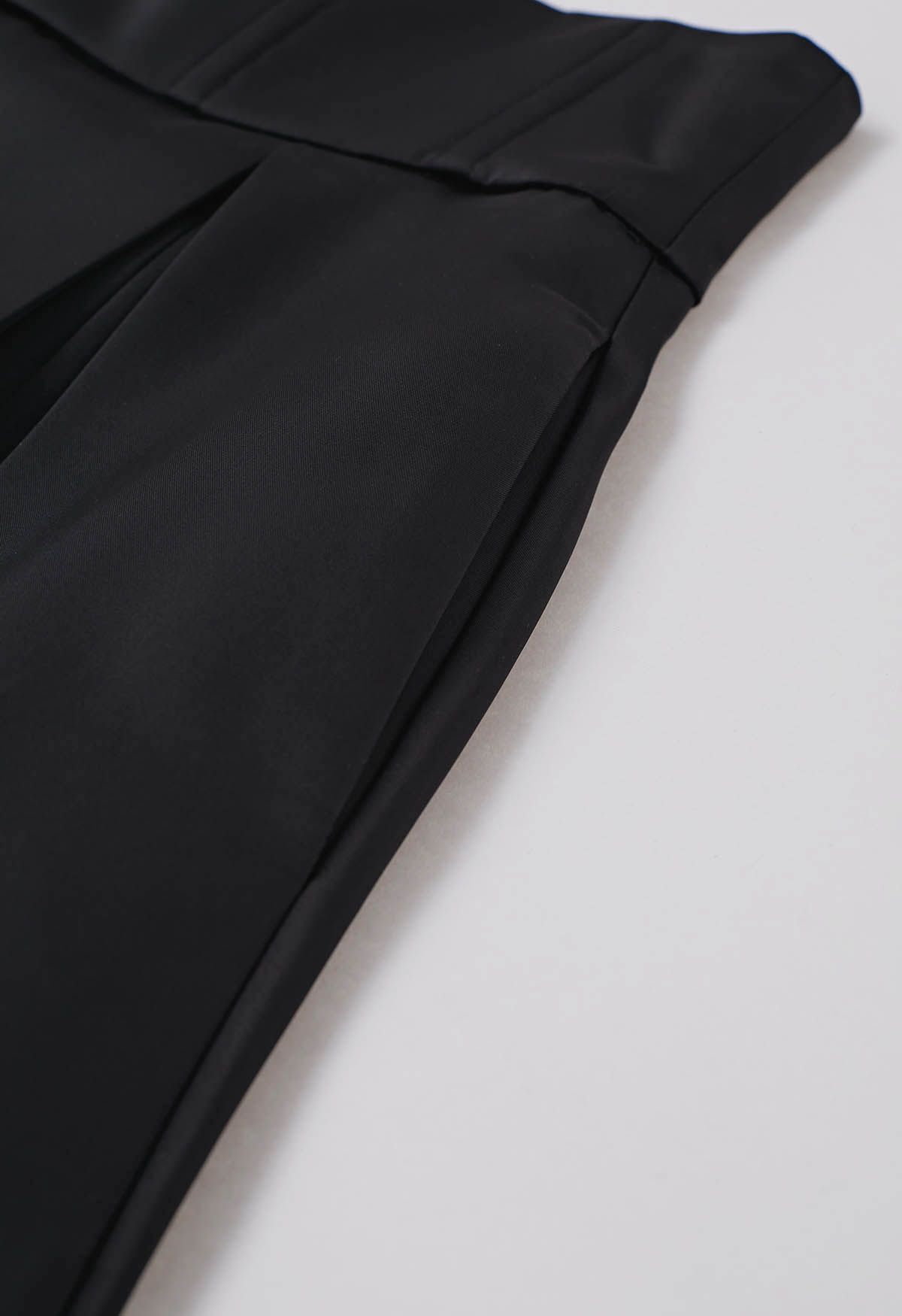 High-Slit Seamed Waist Pleated Satin Maxi Skirt in Black