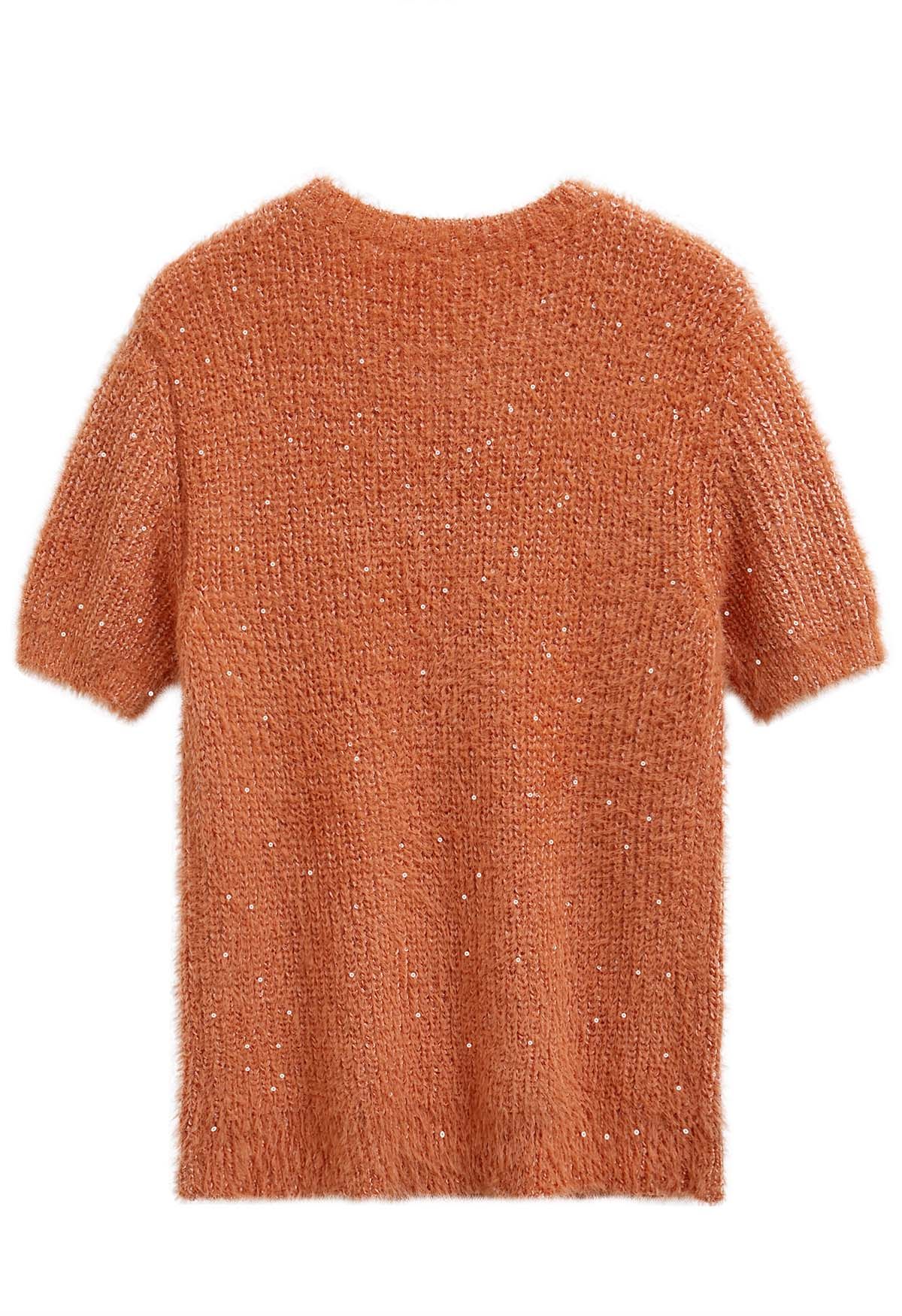 Sequin Fuzzy Short Sleeve Sweater in Orange