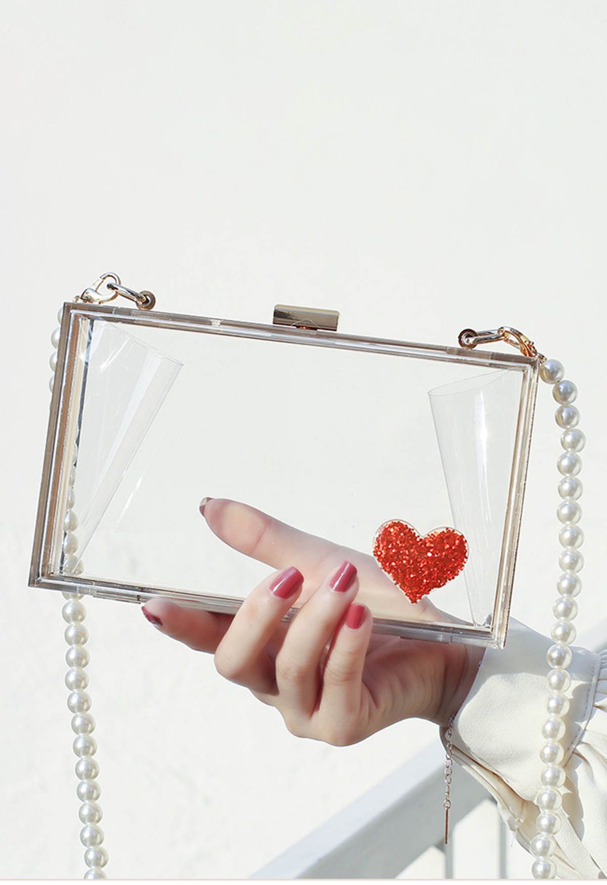 Red Heart Translucent Pearl Clutch in White