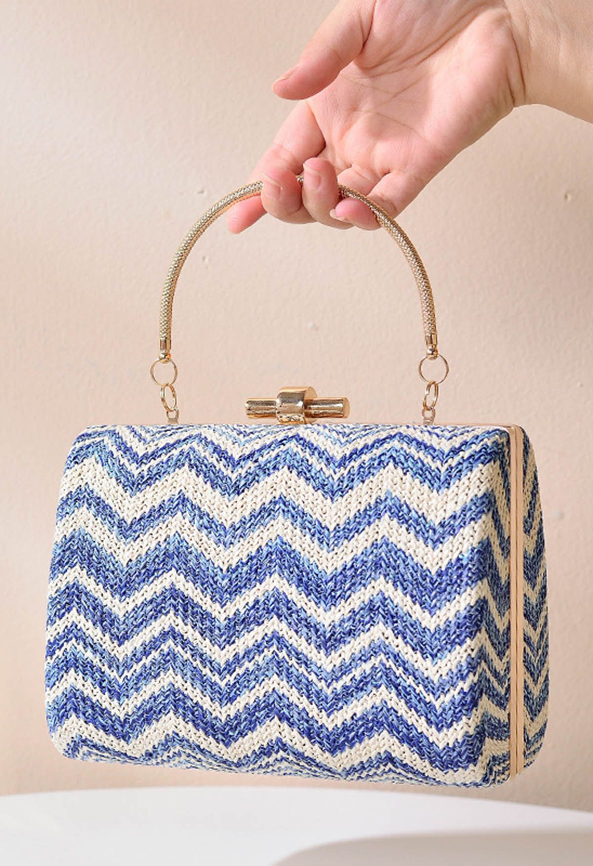 Wavy Line Color Block Woven Handbag in Blue