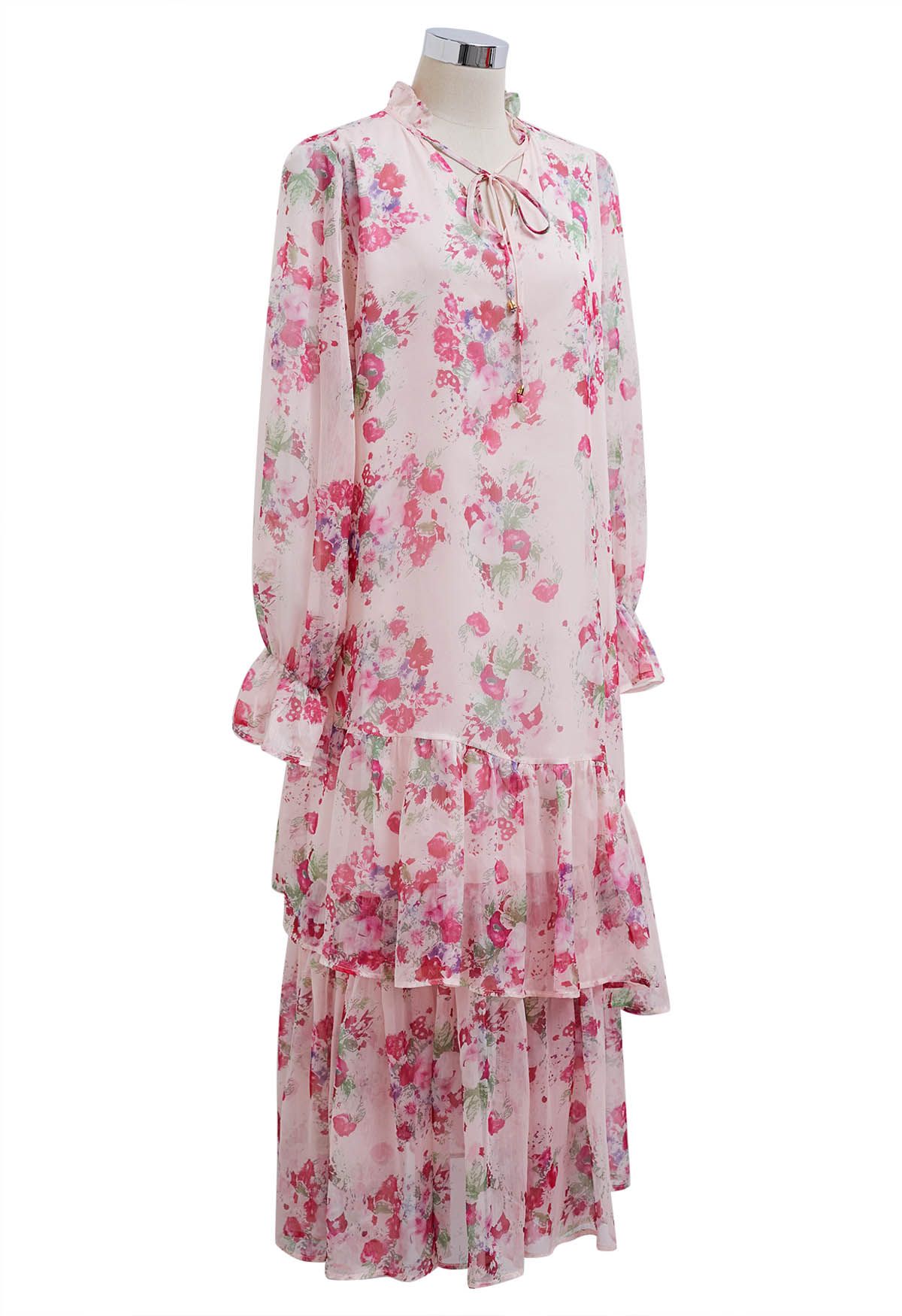 Watercolor Pink Floral Tiered Chiffon Dress