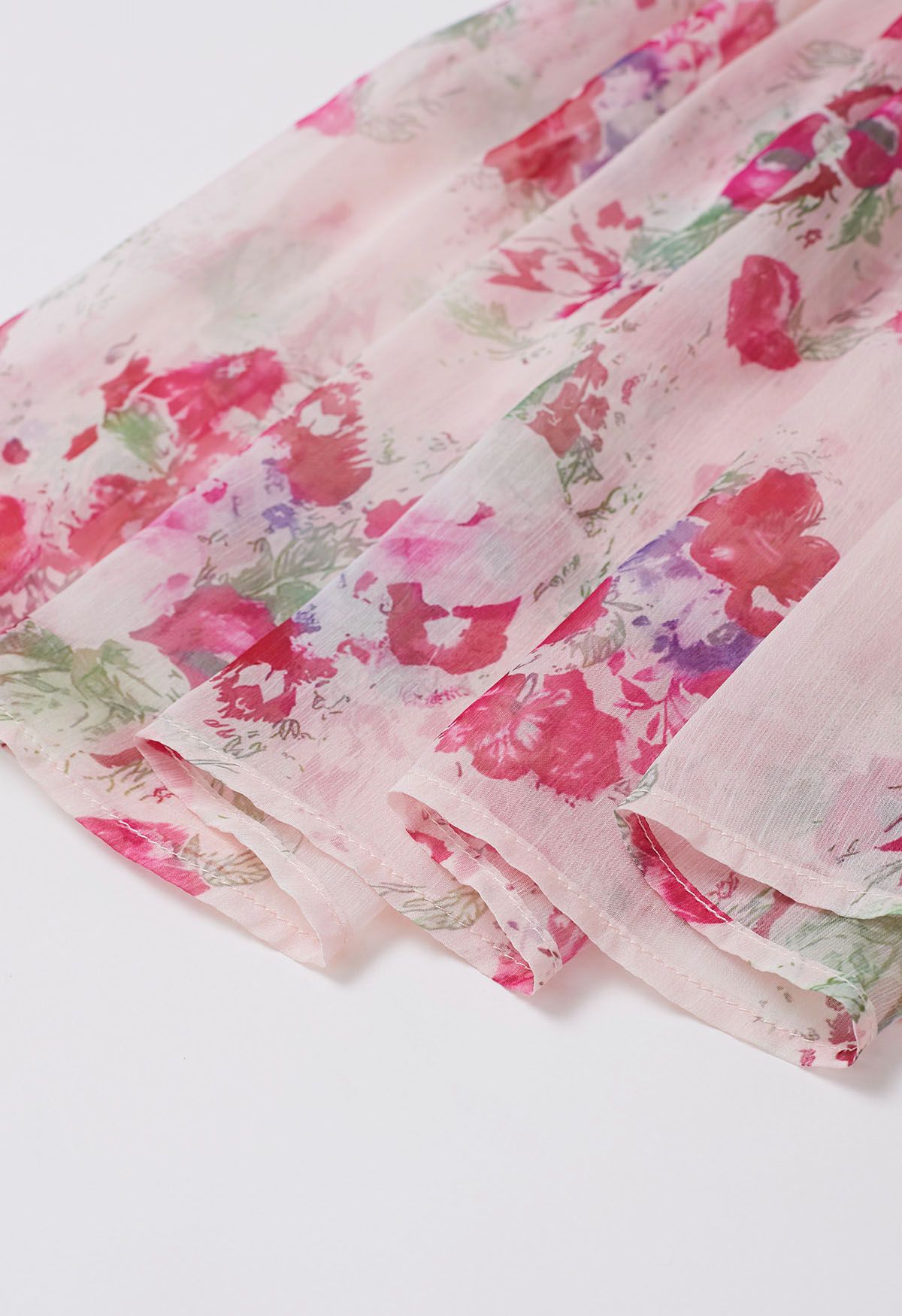 Watercolor Pink Floral Tiered Chiffon Dress