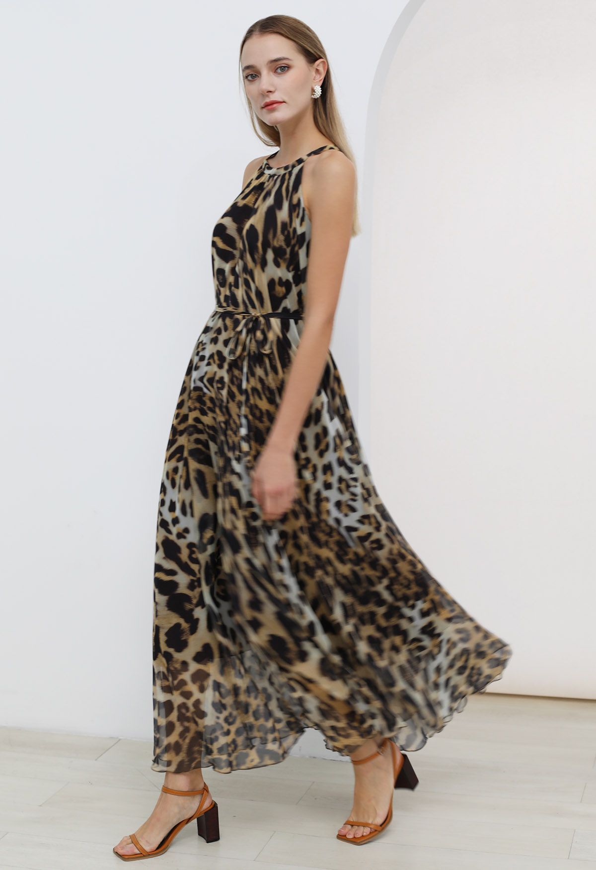 Alluring Animal Print Halter Neck Chiffon Maxi Dress