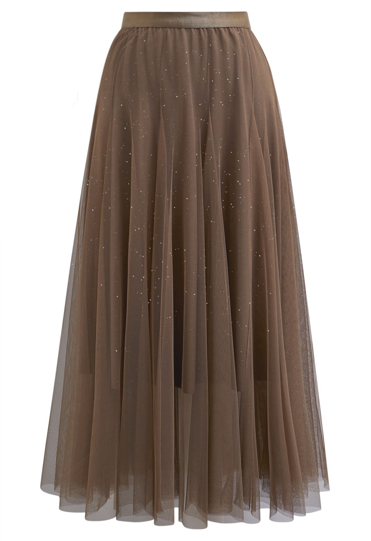 Venus Glitter Mesh Tulle Midi Skirt in Caramel