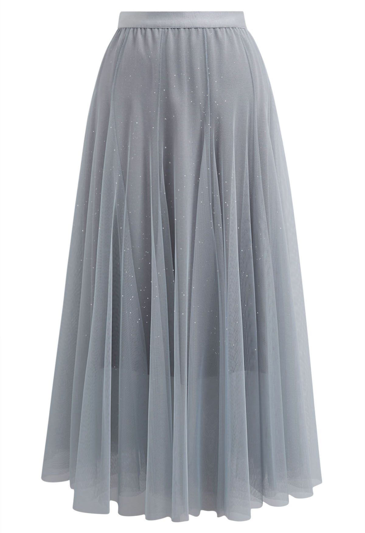 Venus Glitter Mesh Tulle Midi Skirt in Grey