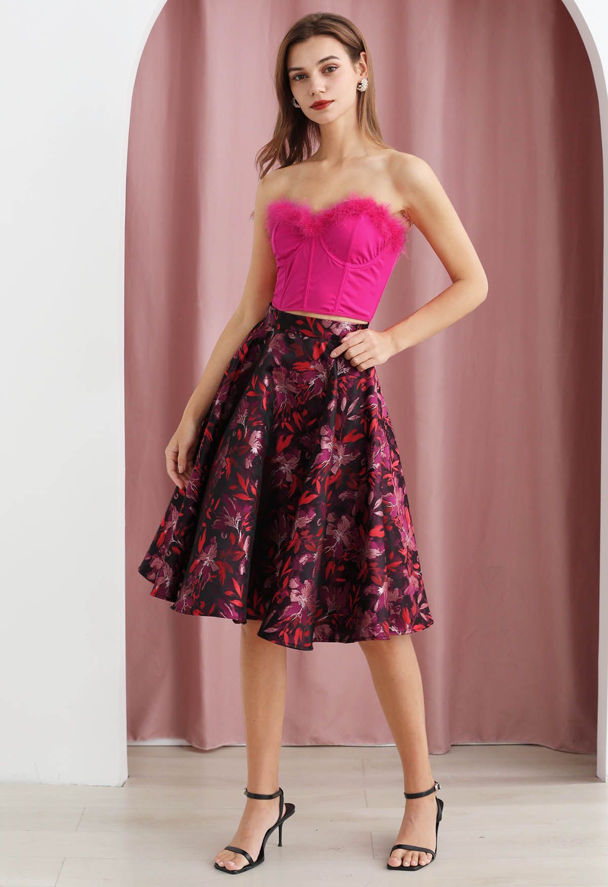 Midnight Bloom Jacquard A-Line Midi Skirt