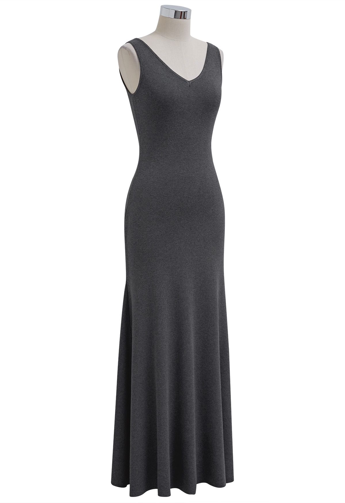 V-Neck Frill Hem Sleeveless Maxi Dress in Smoke