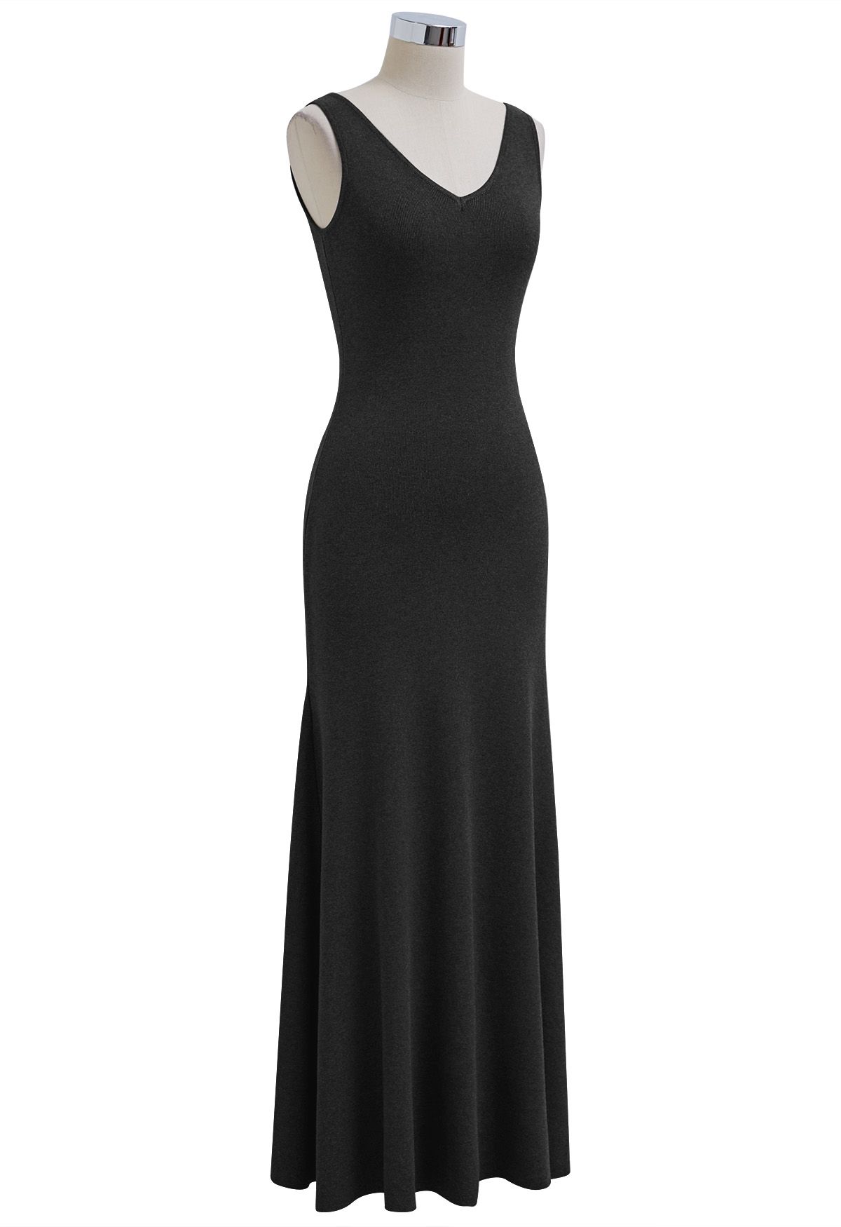 V-Neck Frill Hem Sleeveless Maxi Dress in Black