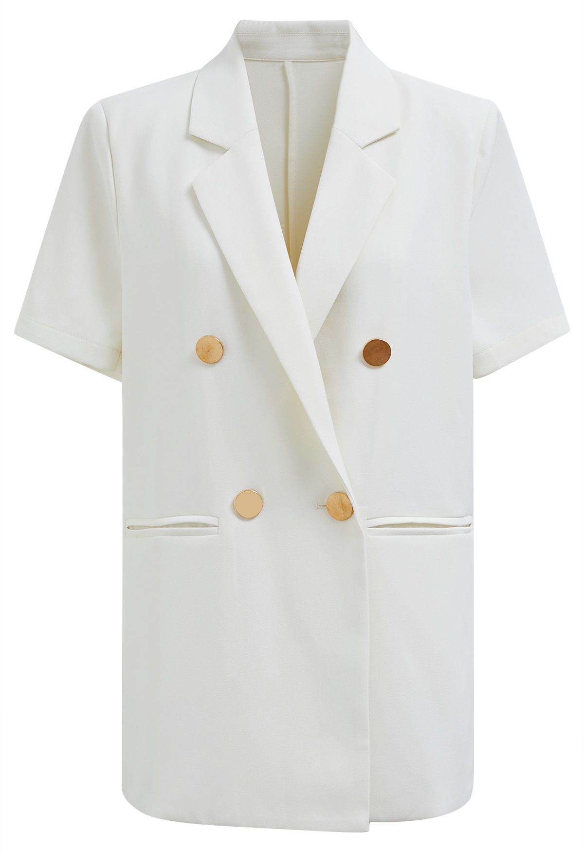 Golden Button Short-Sleeve Blazer in White
