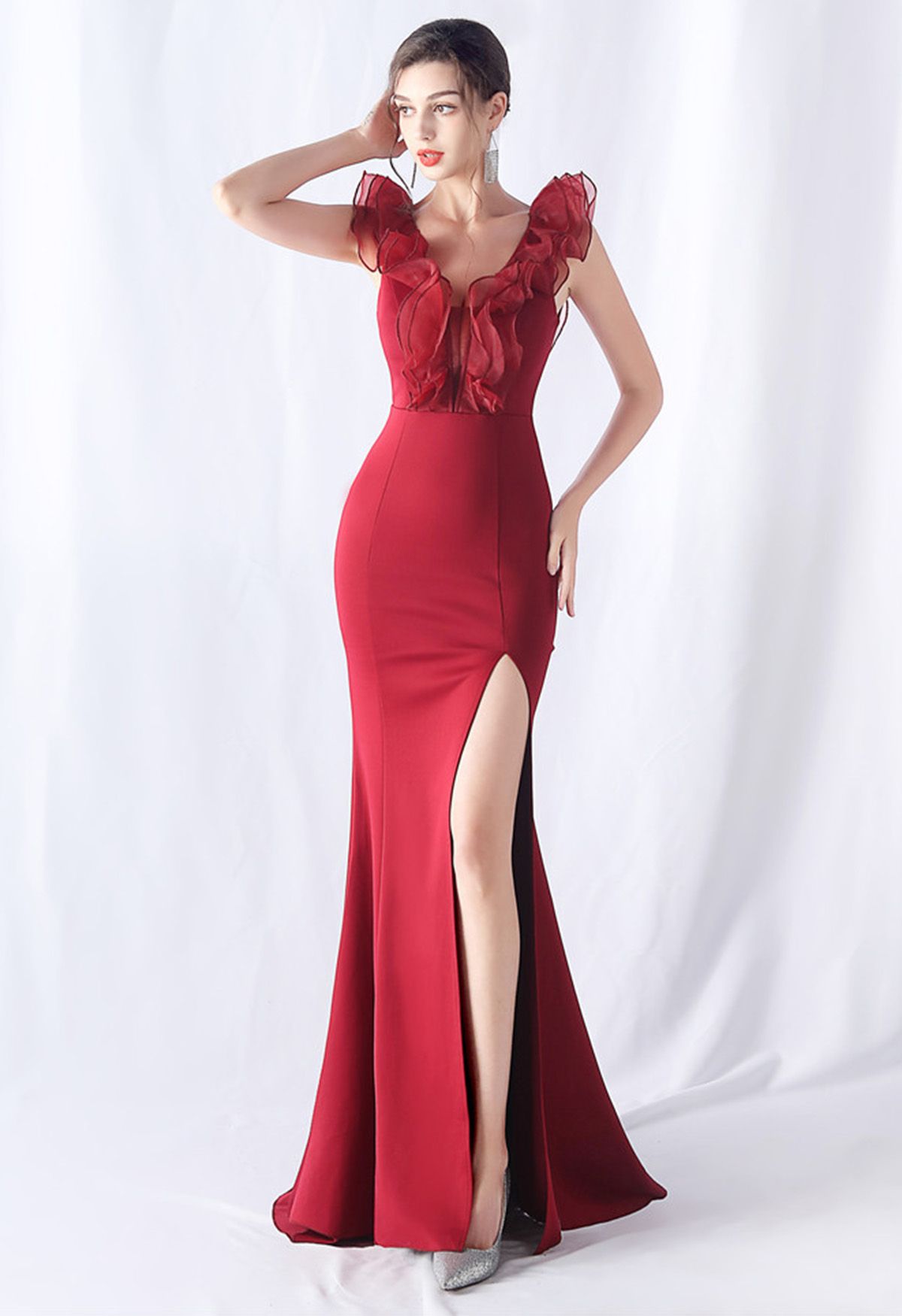 Organza Ruffle Trim Satin Slit Mermaid Gown in Red