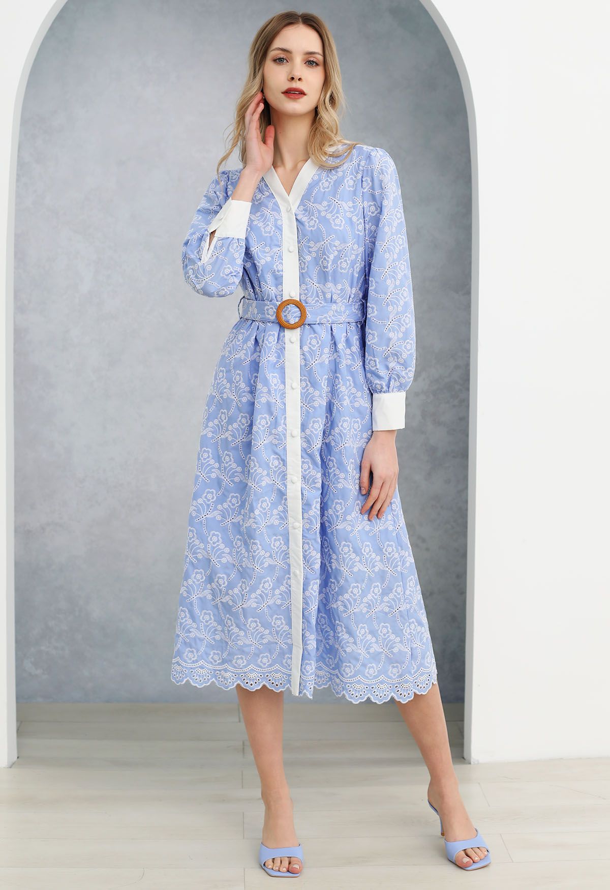 Dancing Floret Embroidered Button Down Dress in Baby Blue