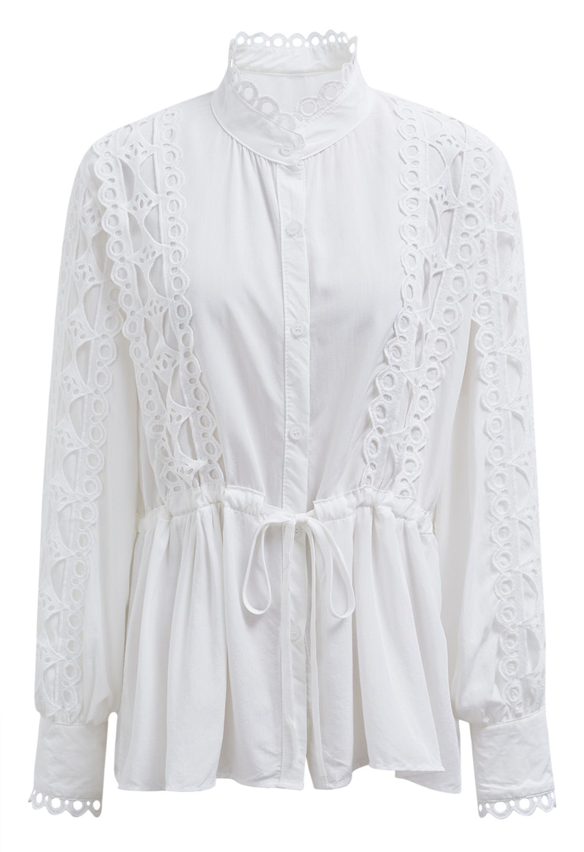 Cutwork Crochet Trim Button Down Peplum Top in White