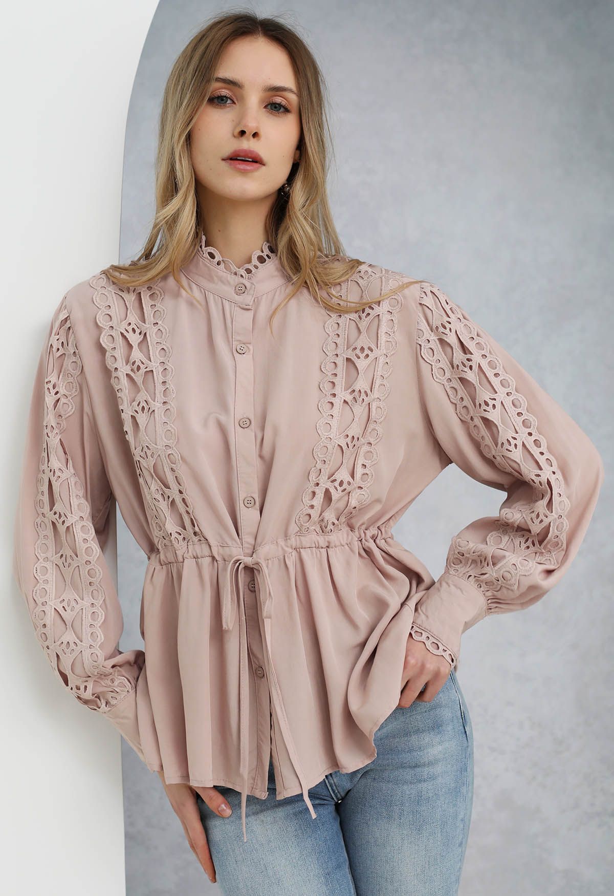 Cutwork Crochet Trim Button Down Peplum Top in Dusty Pink