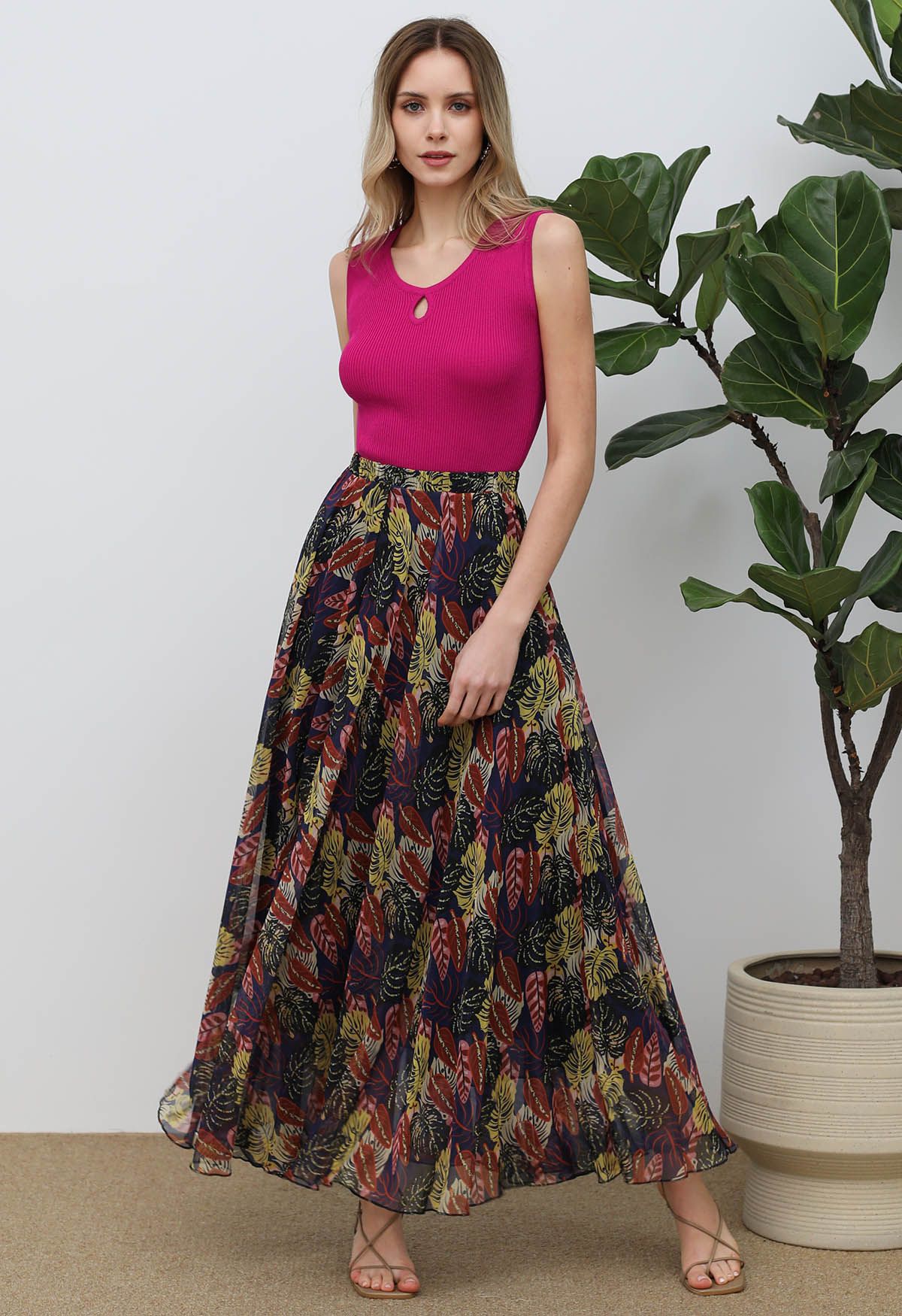 Tropical Leaves Printed Chiffon Maxi Skirt