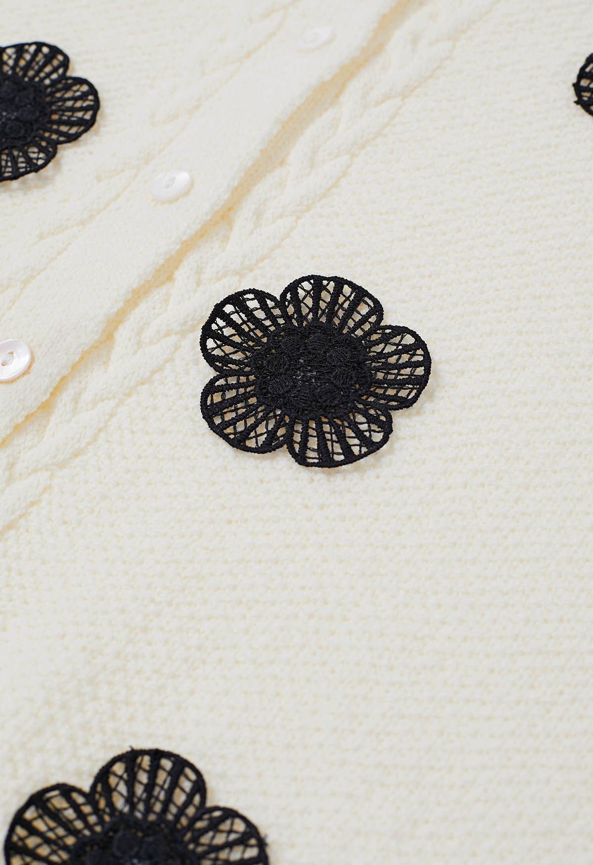 Crochet Flower Adorned Short Sleeve Knit Cardigan in Ivory