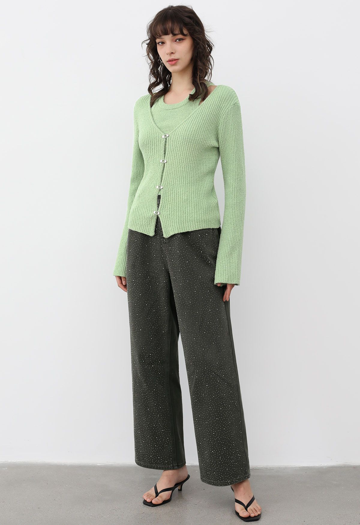 Hook Fastening Ribbed Knit Cardigan in Pistachio