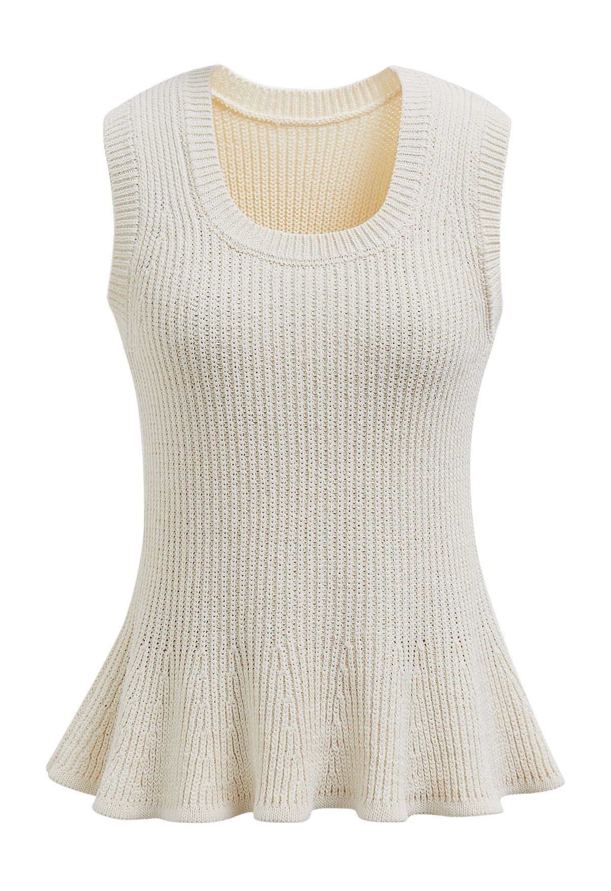 Scoop Neck Ruffle Hem Sleeveless Knit Top in Cream