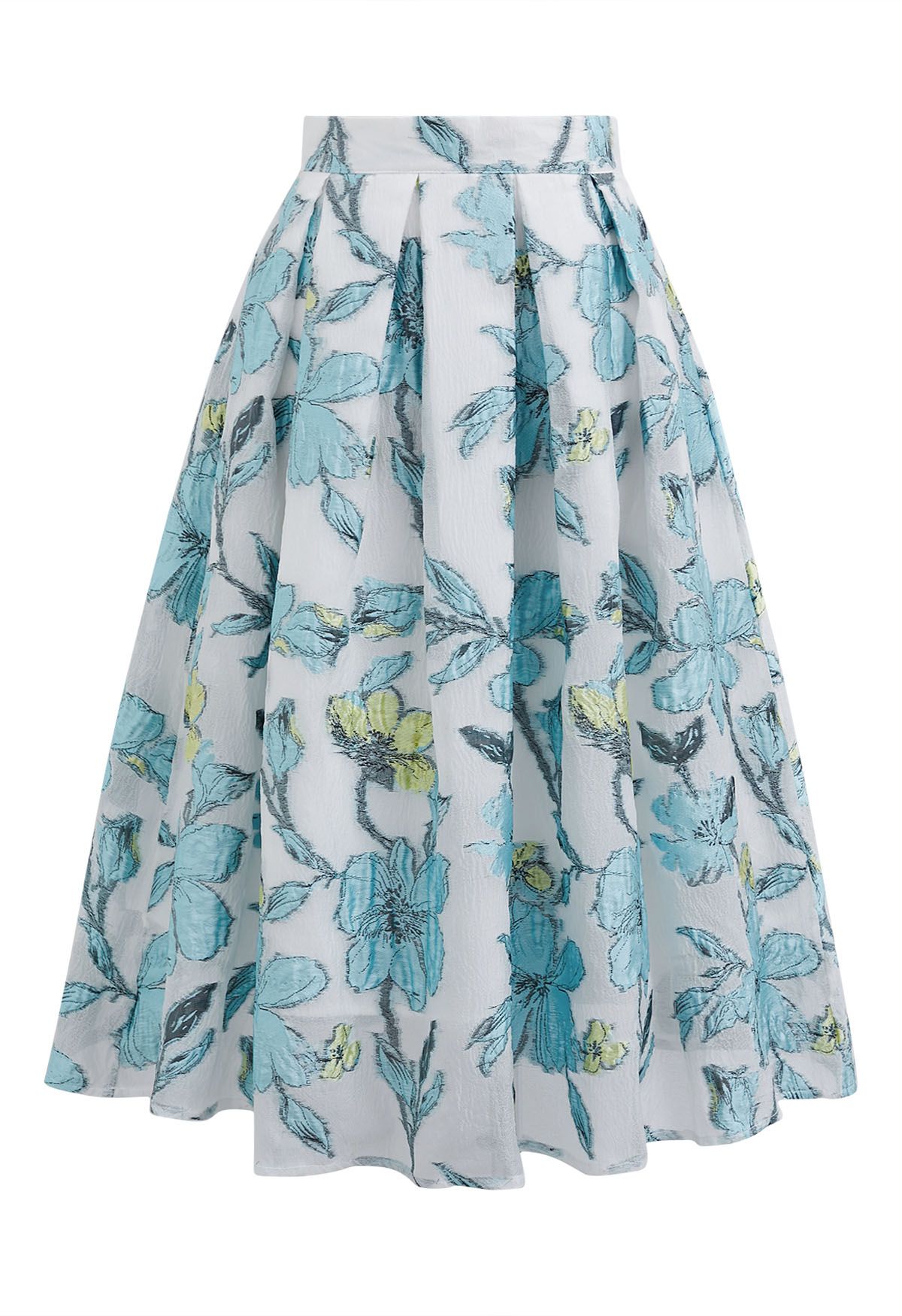Springtime Floral Jacquard Pleated Midi Skirt in Blue